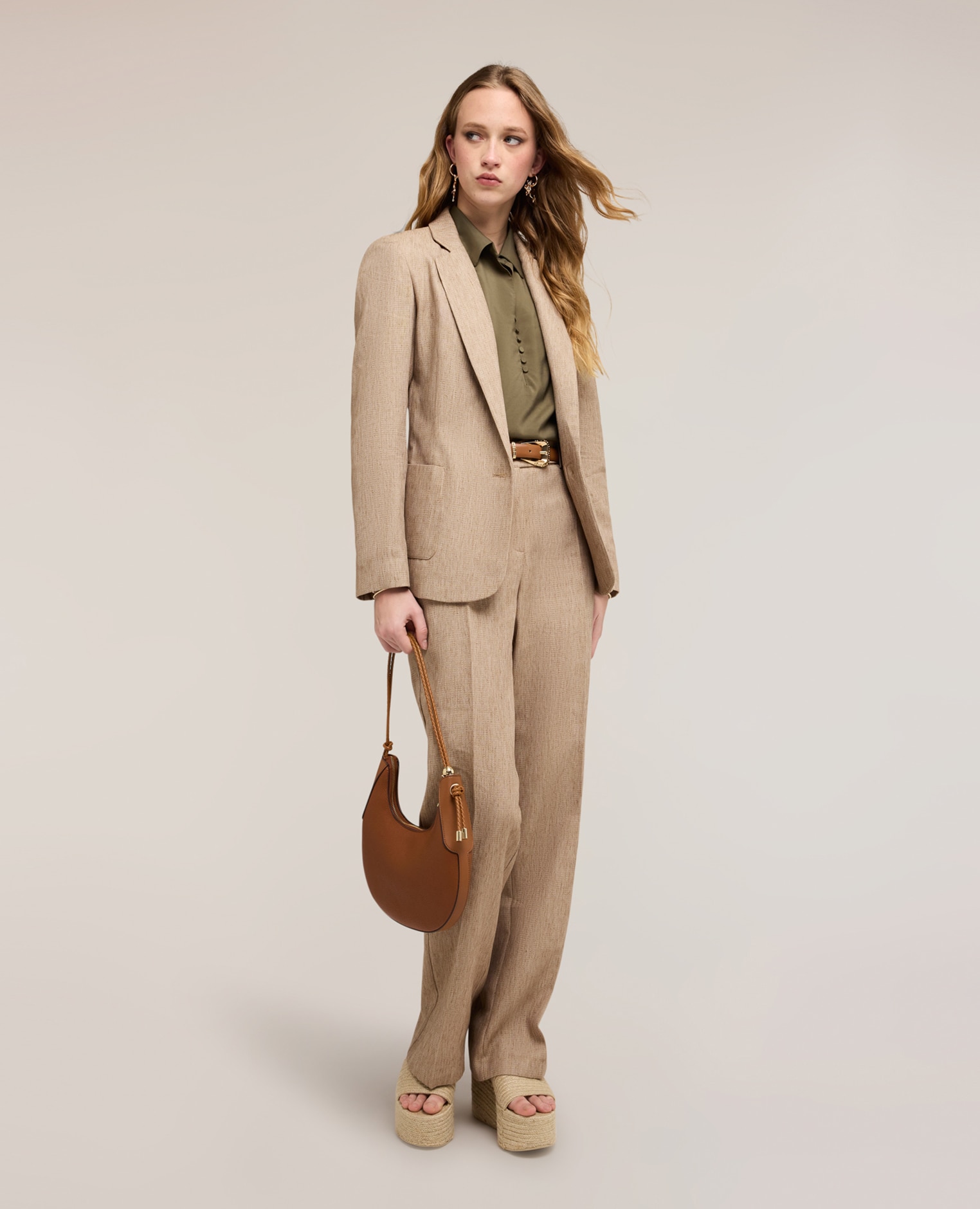 Motivi - Pantalones de mujer palazzo mezcla de lino cierre frontal con botones y cremallera.