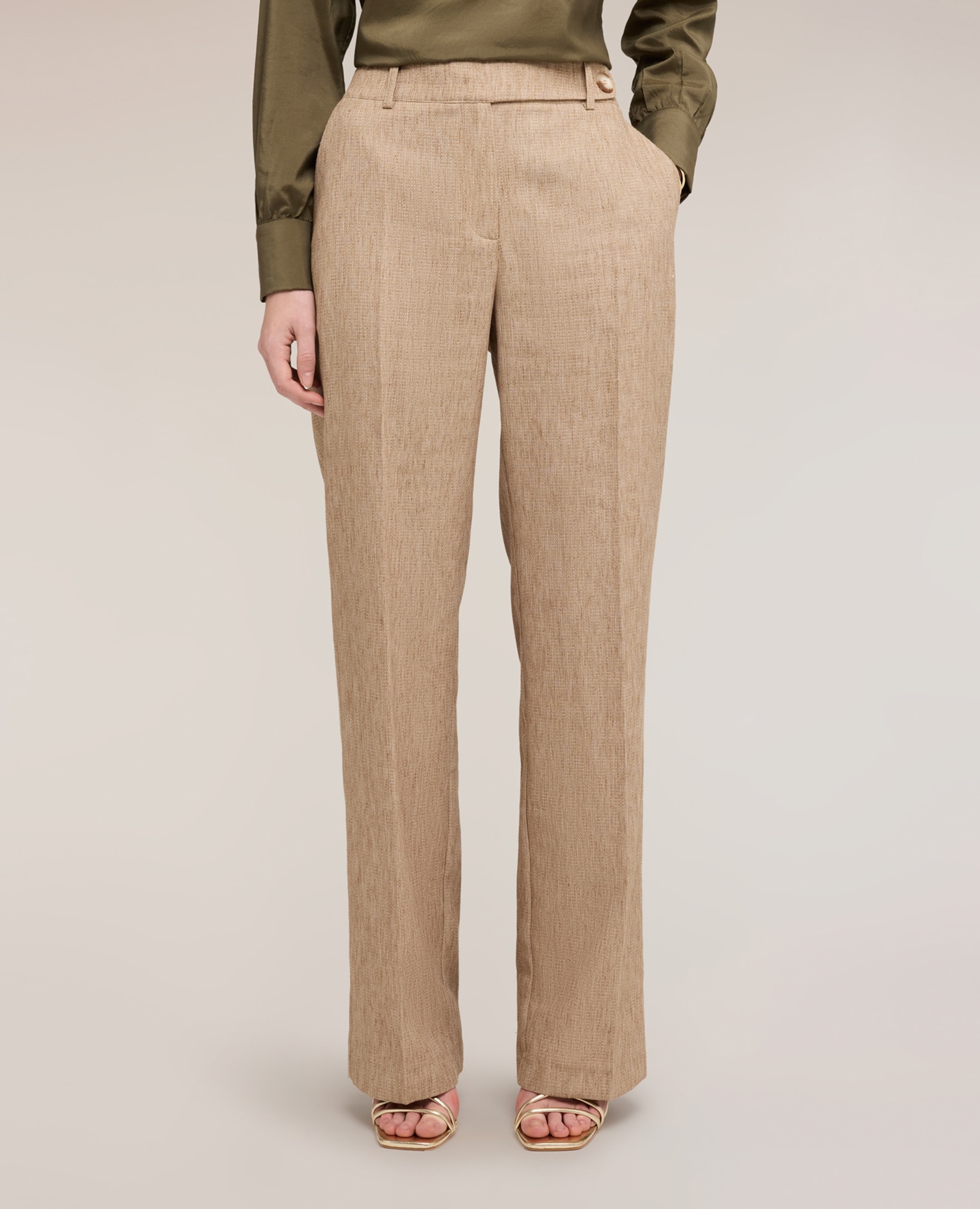 Pantalones de mujer palazzo mezcla de lino cierre frontal con botones y cremallera - Motivi - Beige Beige-3