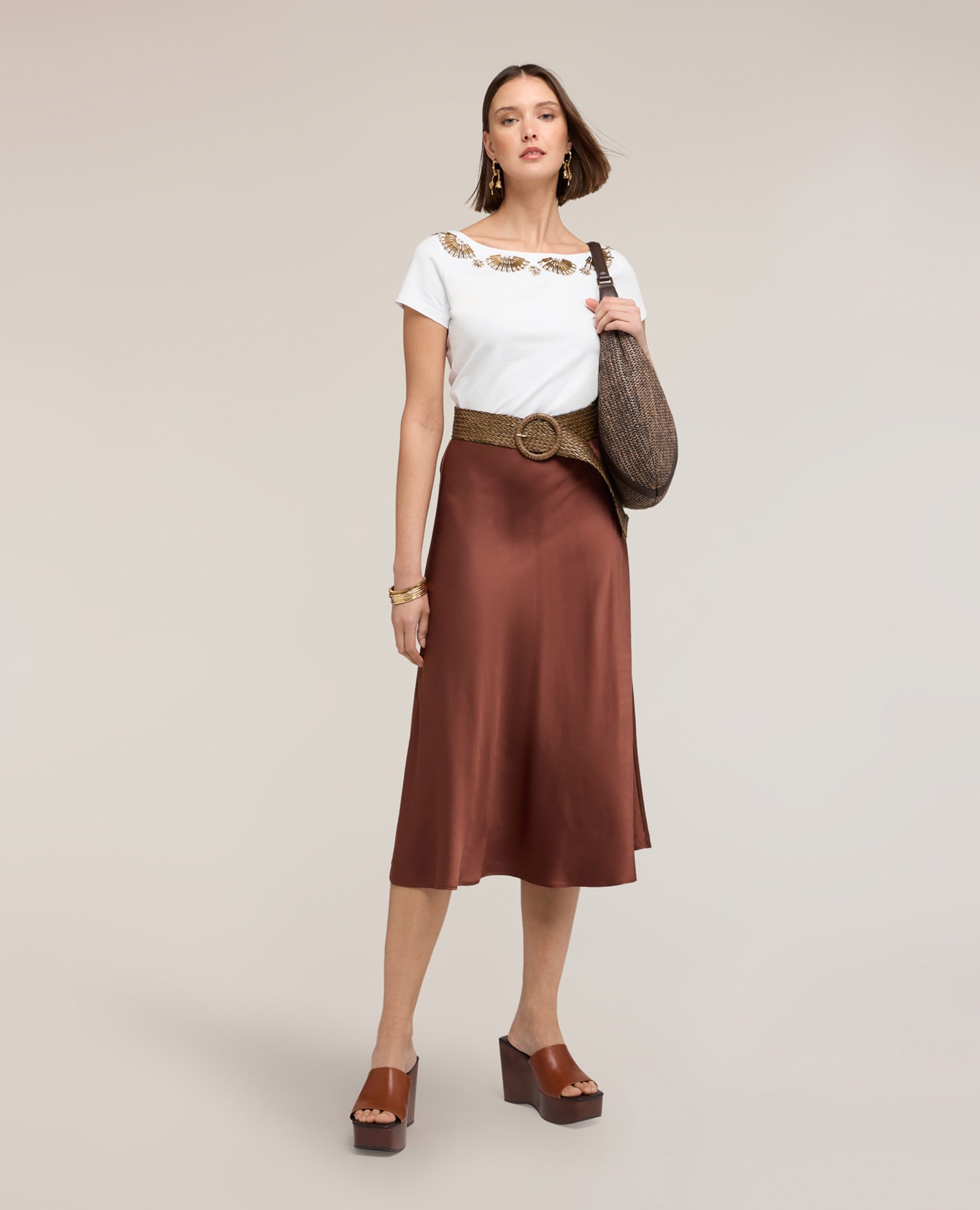 Falda midi línea a en raso línea en a - Motivi - Marrón Marrón-3