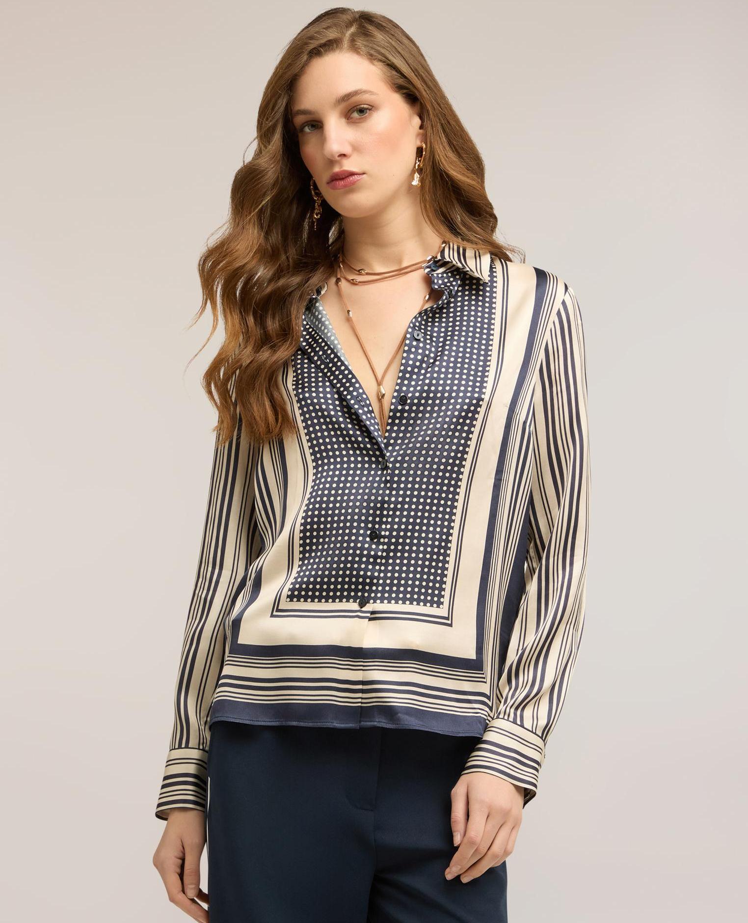 Camisa de mujer de raso estampado pañuelo ajuste regular cierre frontal con botones - Motivi - Azul Azul-1