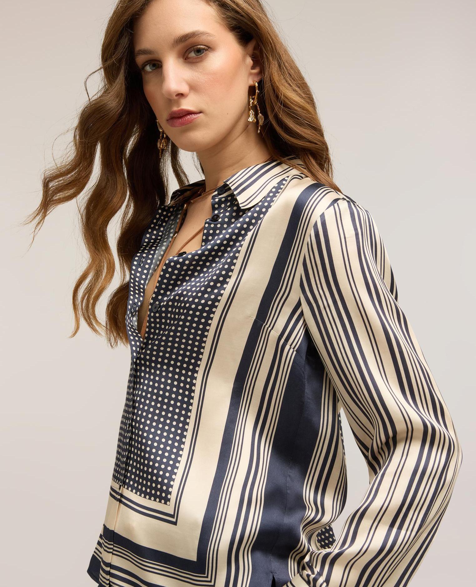 Camisa de mujer de raso estampado pañuelo ajuste regular cierre frontal con botones - Motivi - Azul Azul-4