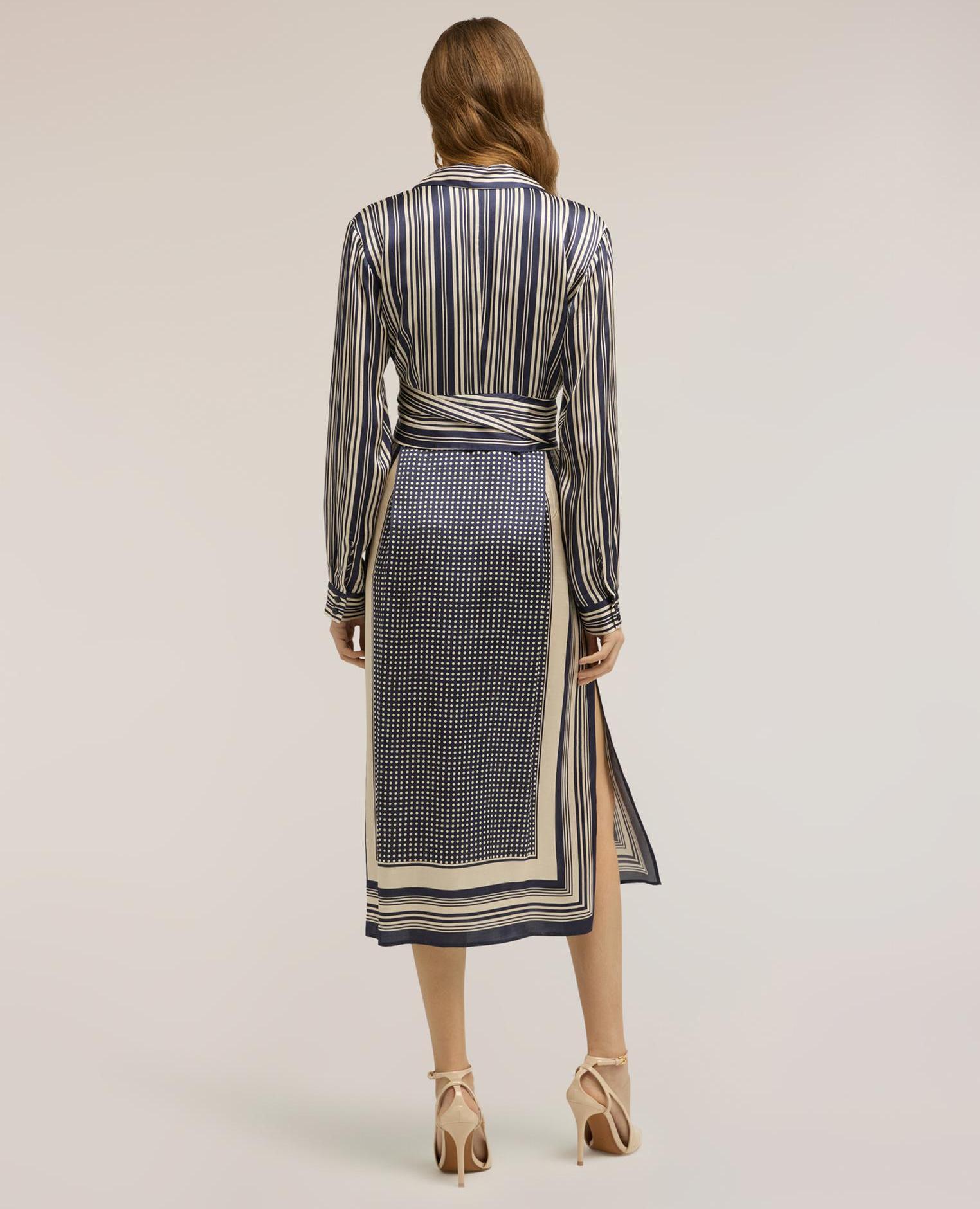 Vestido camisero de raso con estampado de pañuelo largo midi cierre con cremallera - Motivi - Azul Azul-2