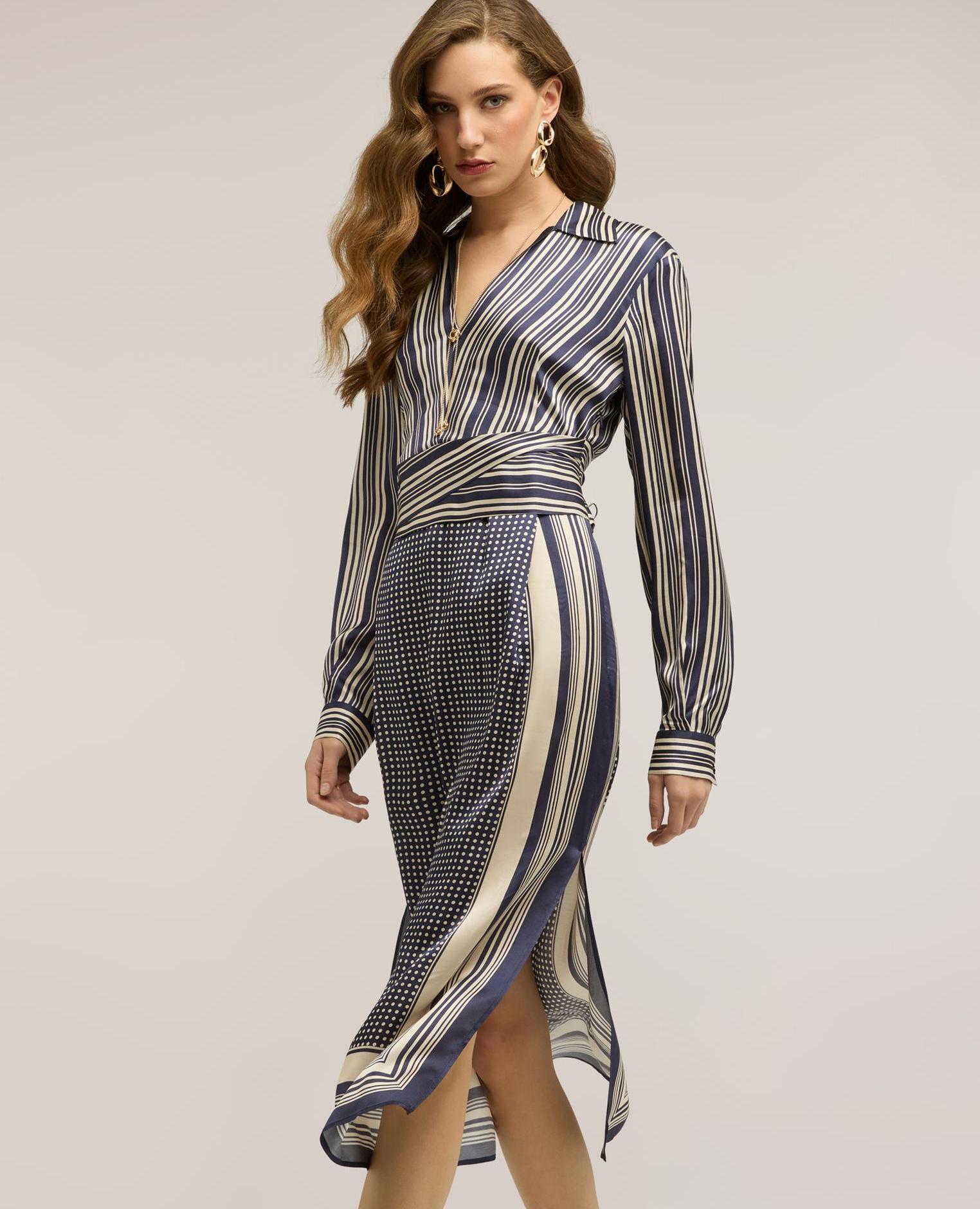 Vestido camisero de raso con estampado de pañuelo largo midi cierre con cremallera - Motivi - Azul Azul-3