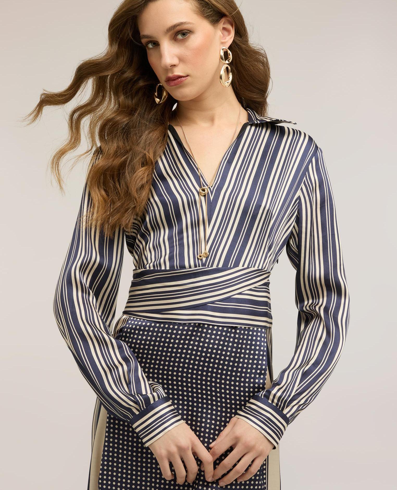 Vestido camisero de raso con estampado de pañuelo largo midi cierre con cremallera - Motivi - Azul Azul-4