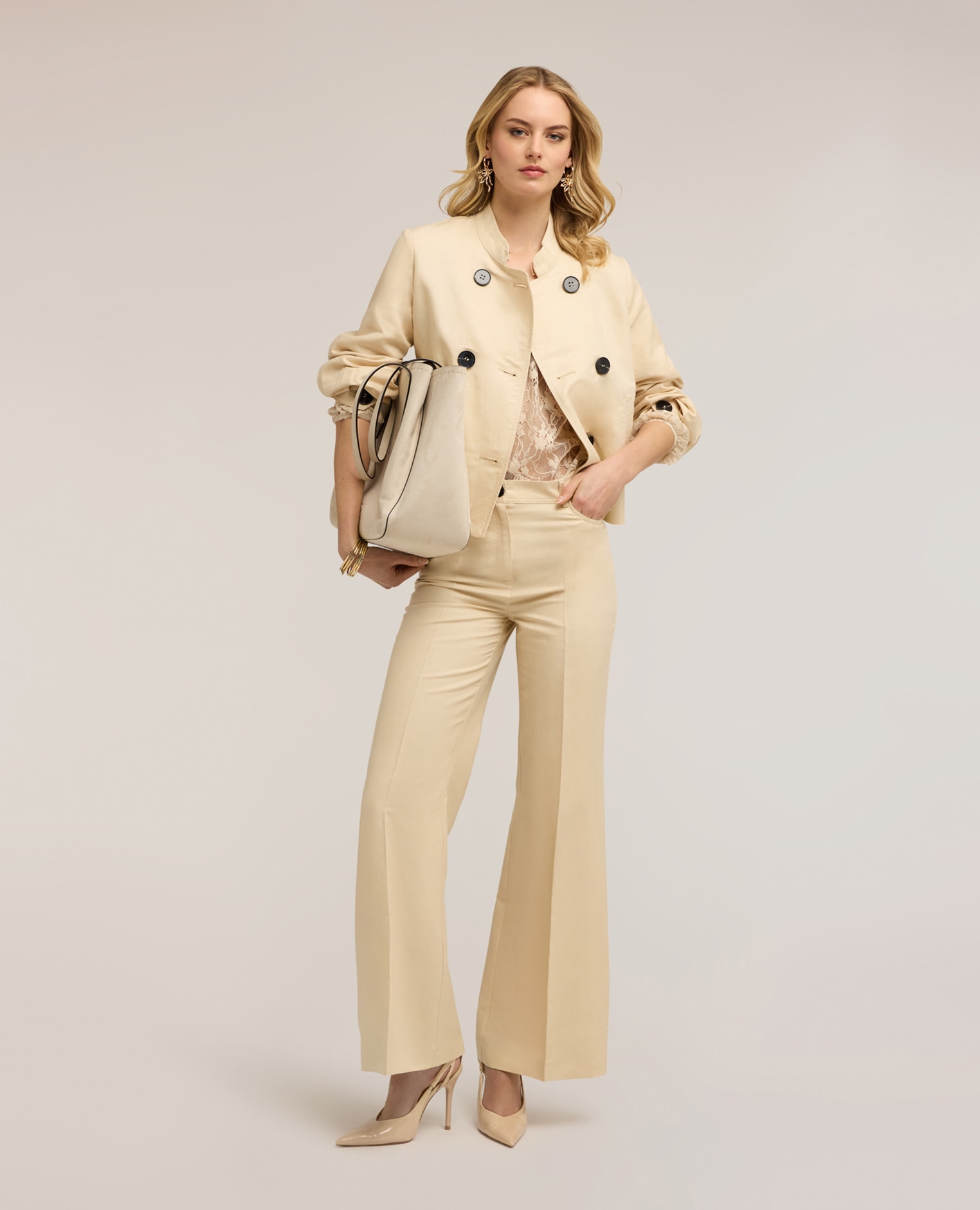 Motivi - Pantalones de mujer flare de mezcla de lino cierre frontal con botón y cremallera.