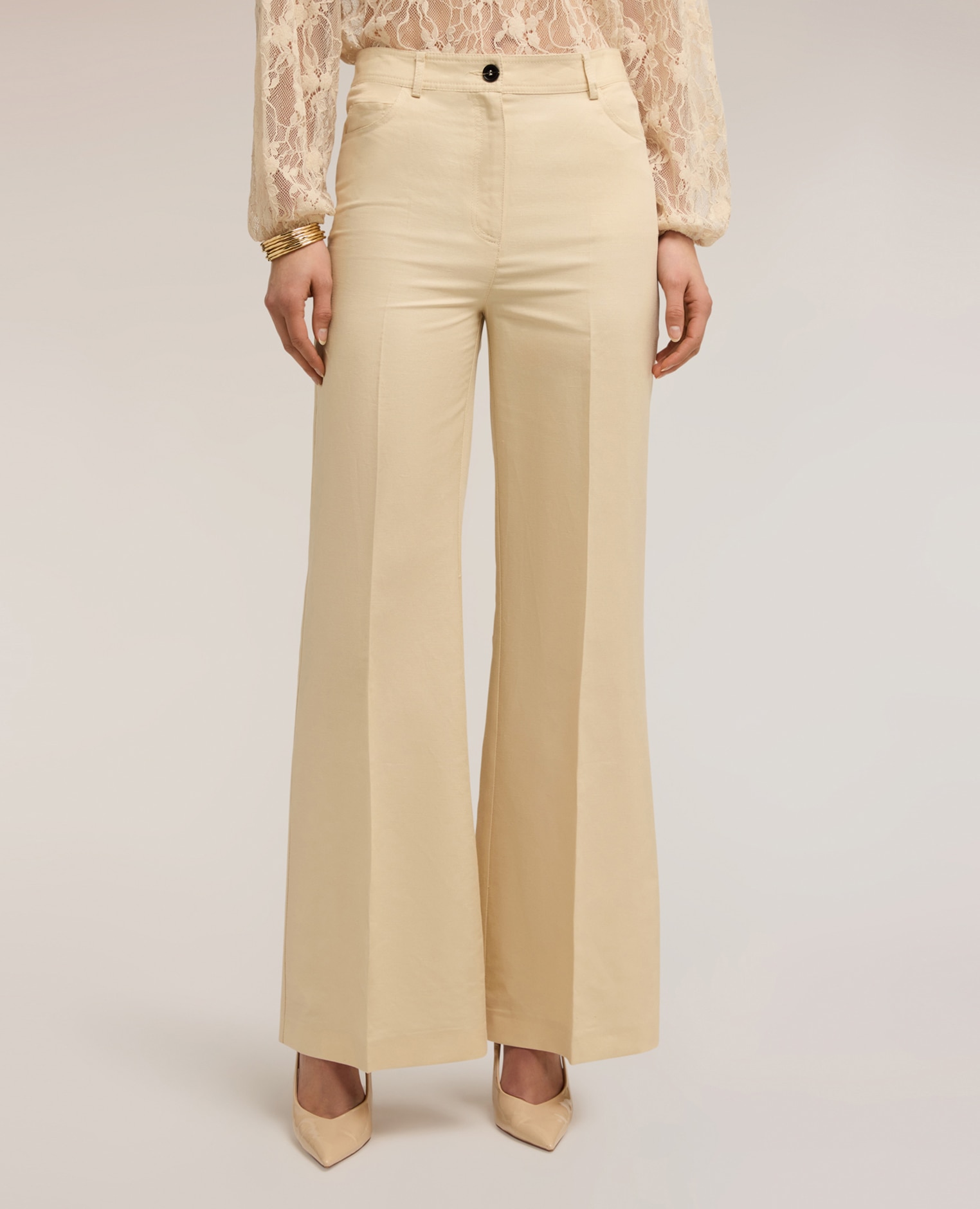 Pantalones de mujer flare de mezcla de lino cierre frontal con botón y cremallera - Motivi - Beige Beige-3