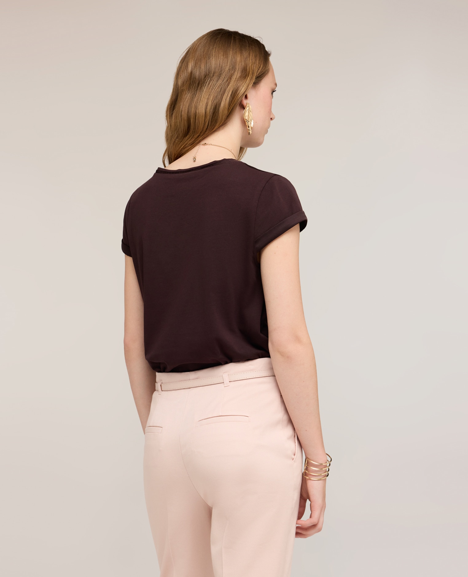 Camiseta de mujer bimatérica escote redondo - Motivi - Marrón Marrón-2