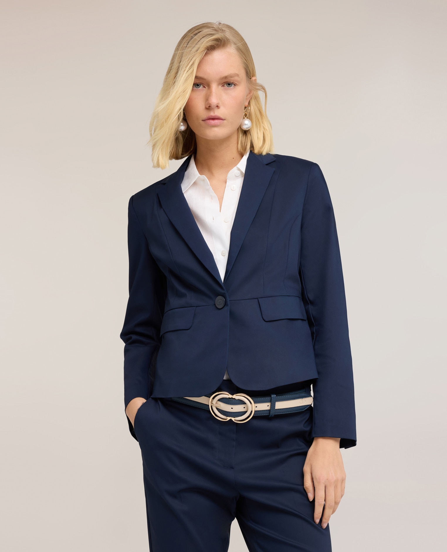 Blazer de mujer sastre en mezcla de algodón modelo entallado cierre de botonadura sencilla con un botón y forro interno - Motivi - Azul Azul-1