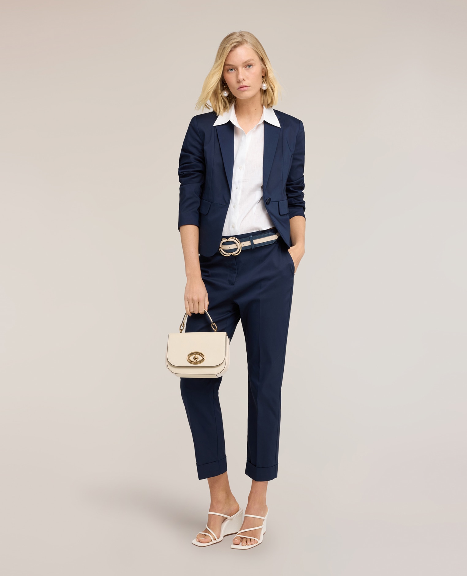 Blazer de mujer sastre en mezcla de algodón modelo entallado cierre de botonadura sencilla con un botón y forro interno - Motivi - Azul Azul-3