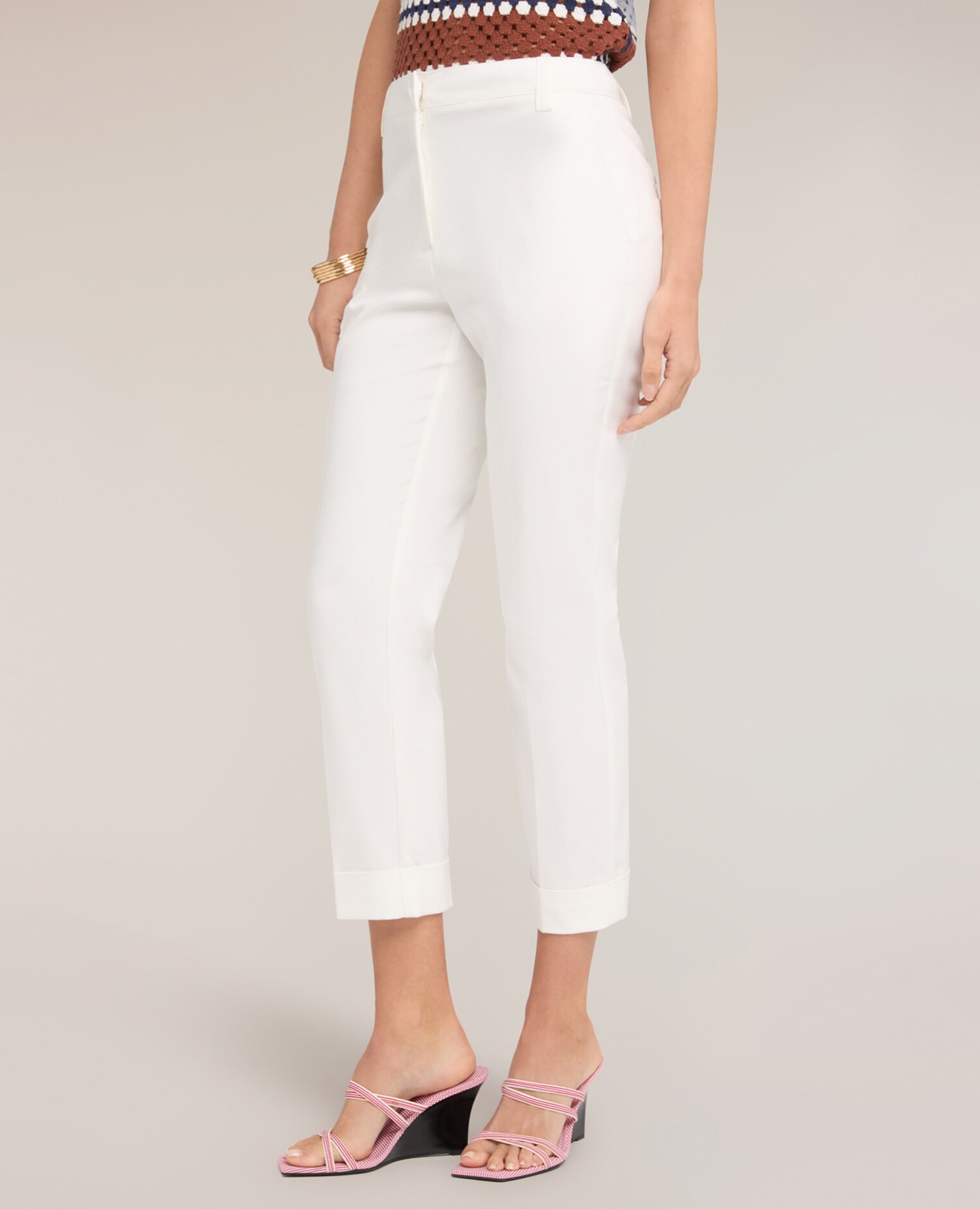 Pantalones de mujer cropped de mezcla de algodón ajuste chino cierre frontal con corchete y cremallera - Motivi - Blanco Blanco-3