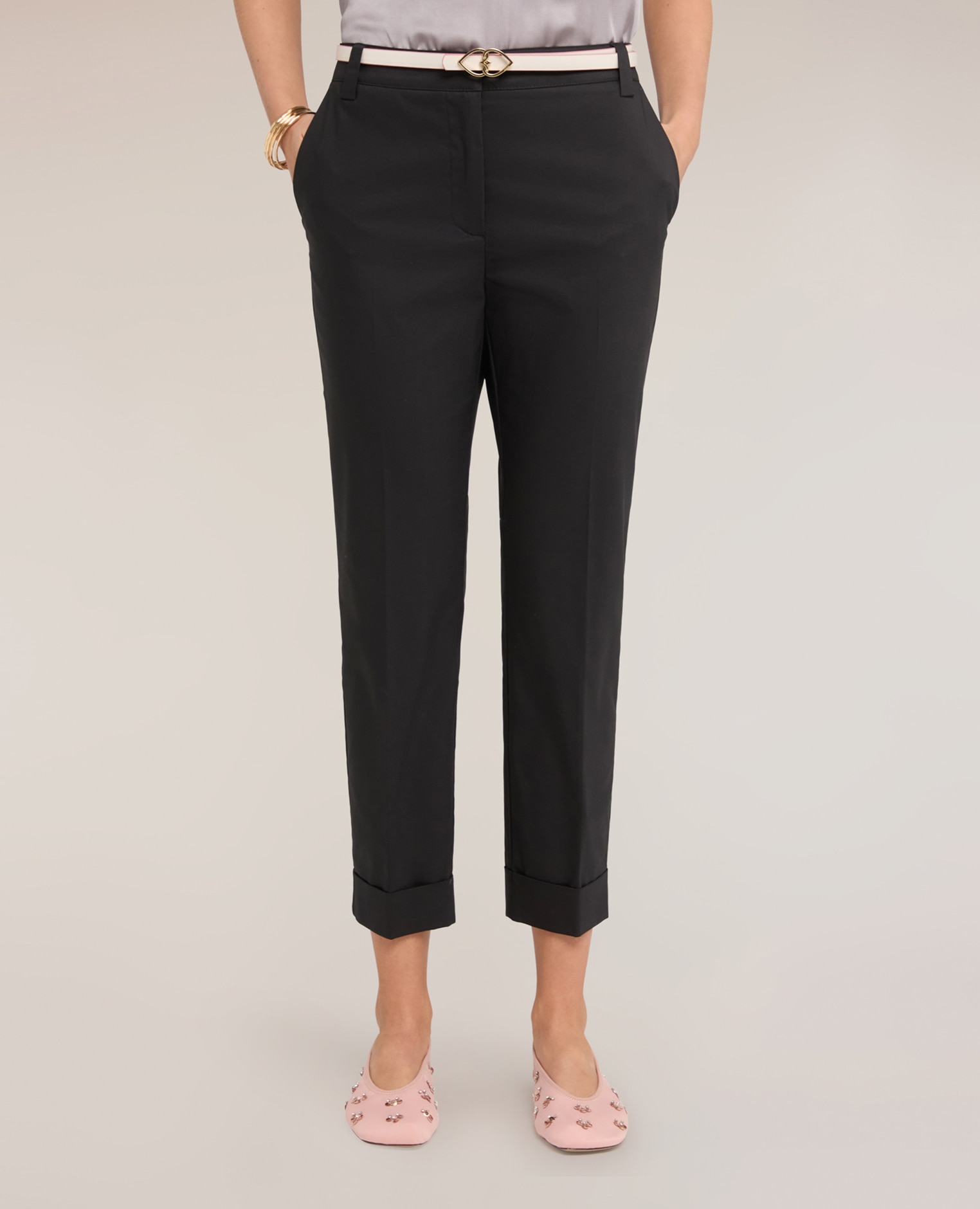 Pantalones de mujer cropped de mezcla de algodón ajuste chino cierre frontal con corchete y cremallera - Motivi - Negro Negro-3