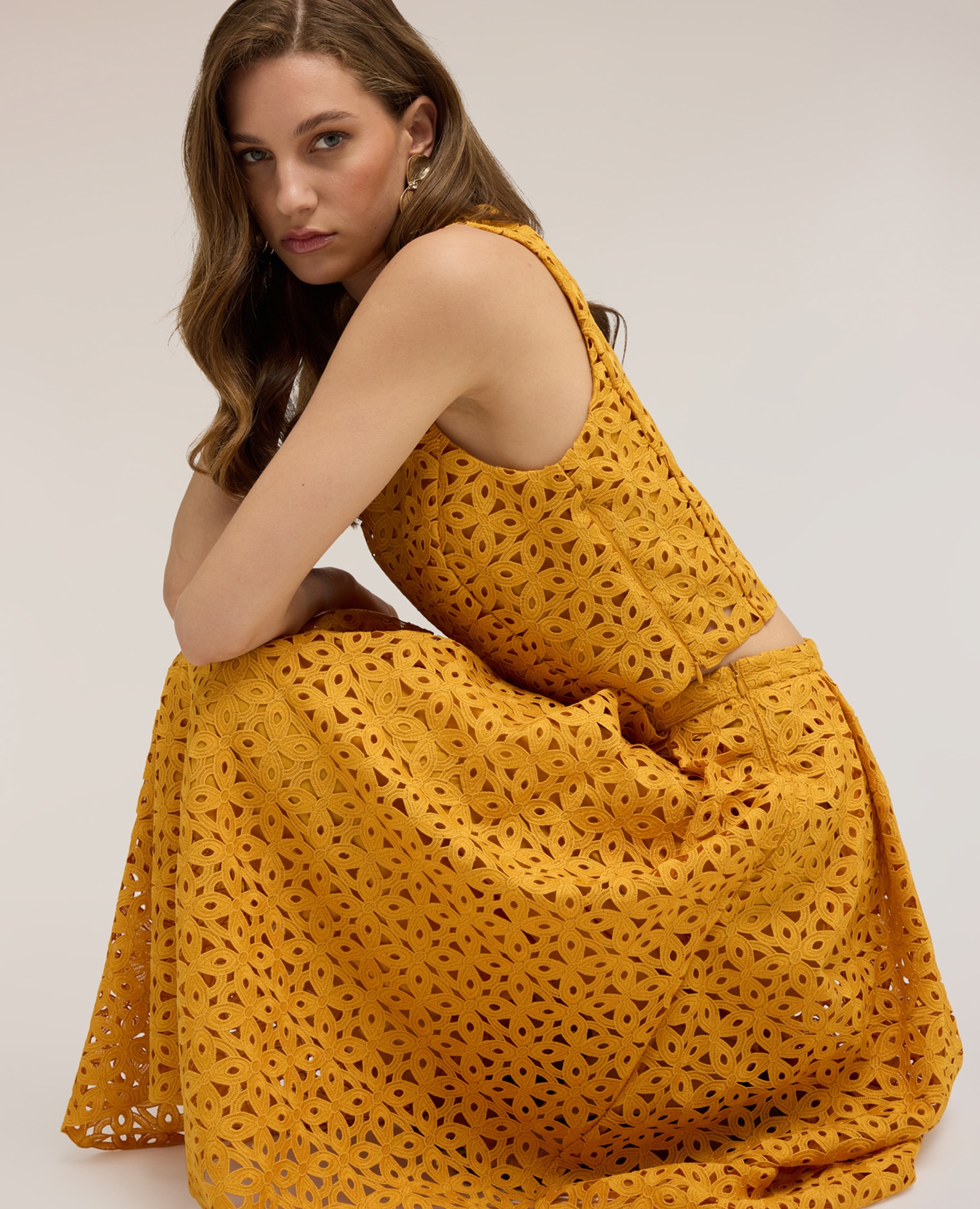 Falda plisada de encaje macramé longitud midi - Motivi - Amarillo Amarillo-4