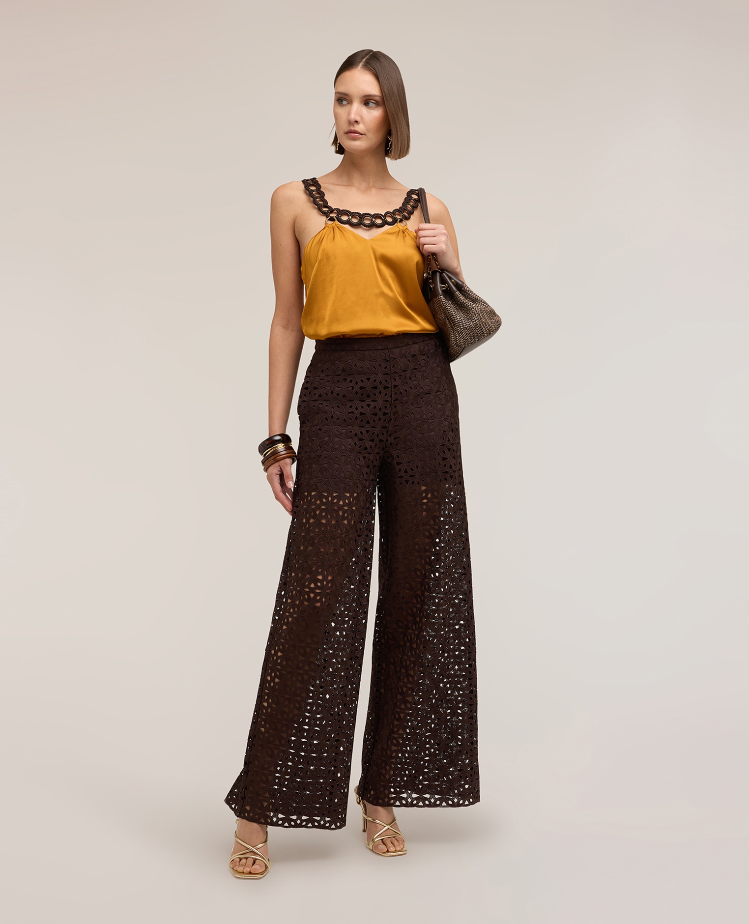 Motivi - Pantalones de mujer palazzo de encaje macramé ajuste ancho cierre con cremallera.