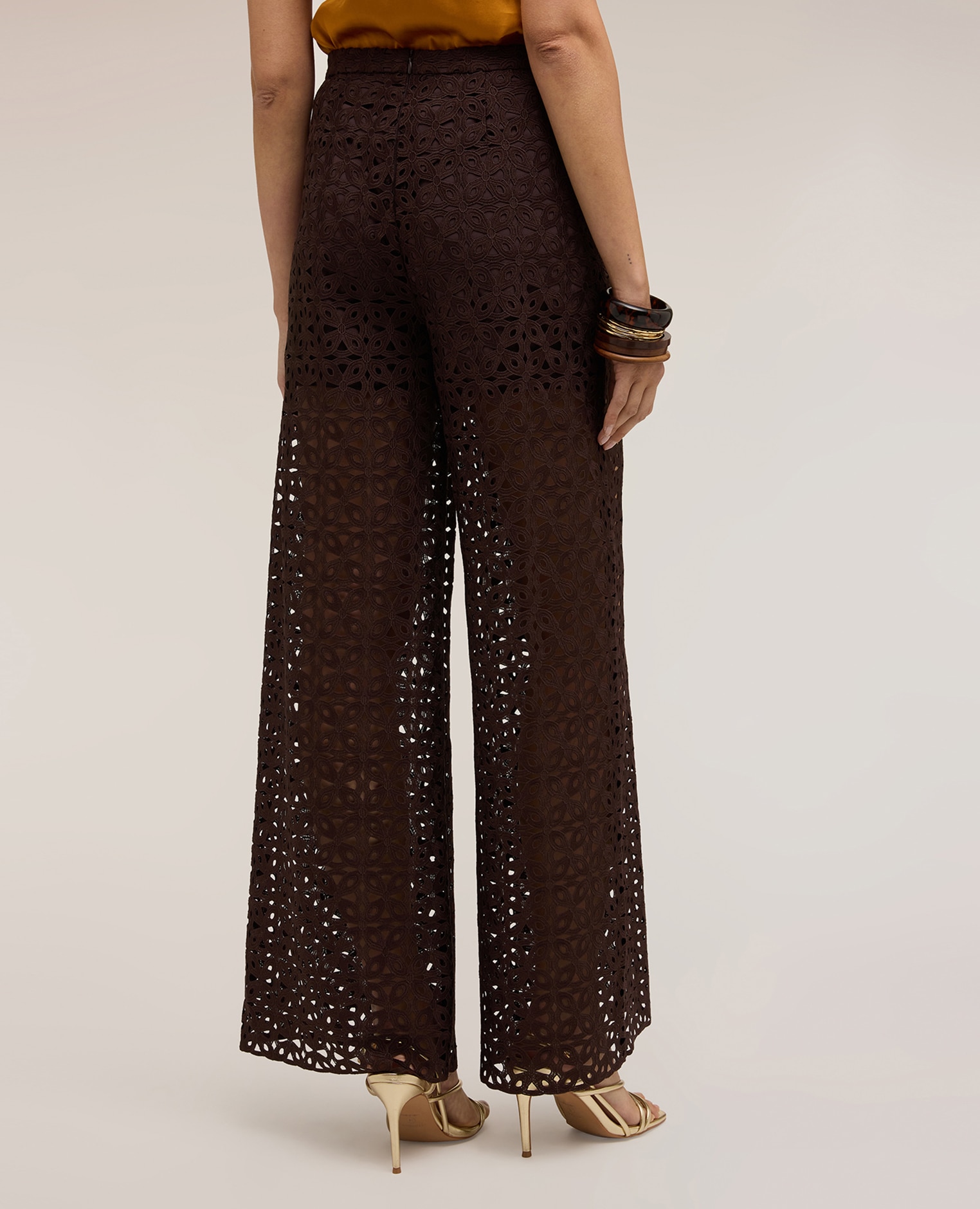 Pantalones de mujer palazzo de encaje macramé ajuste ancho cierre con cremallera - Motivi - Marrón Marrón-2
