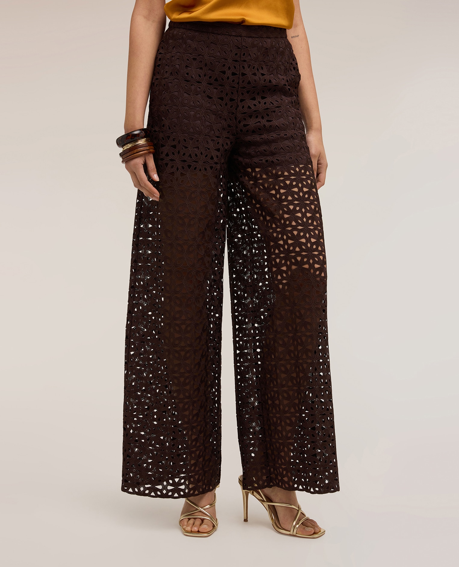 Pantalones de mujer palazzo de encaje macramé ajuste ancho cierre con cremallera - Motivi - Marrón Marrón-3
