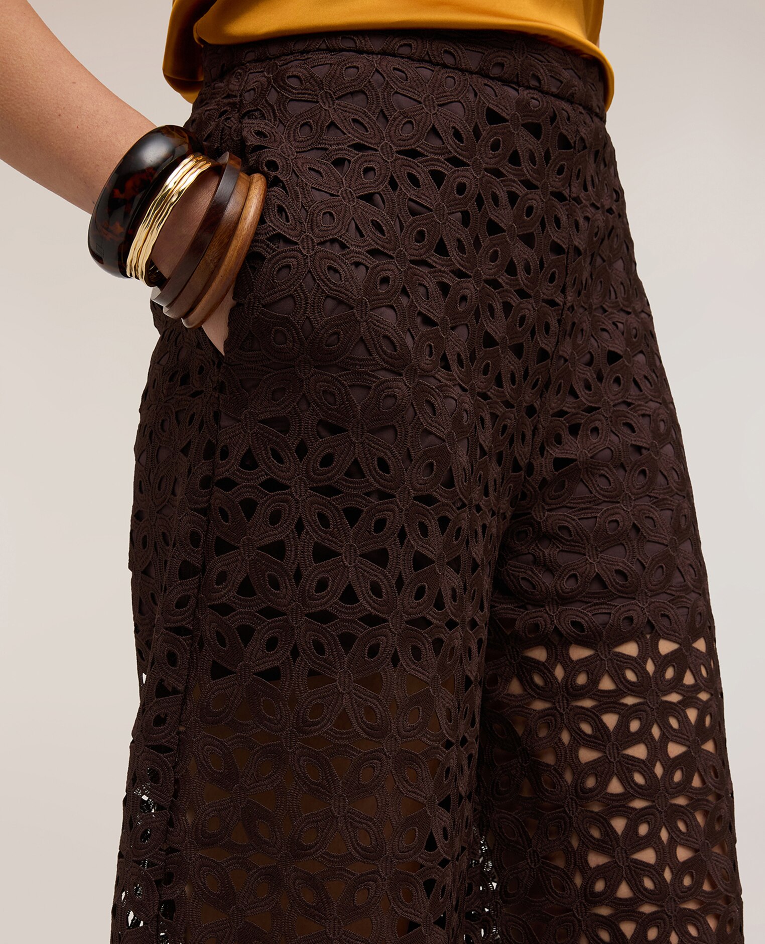 Pantalones de mujer palazzo de encaje macramé ajuste ancho cierre con cremallera - Motivi - Marrón Marrón-4