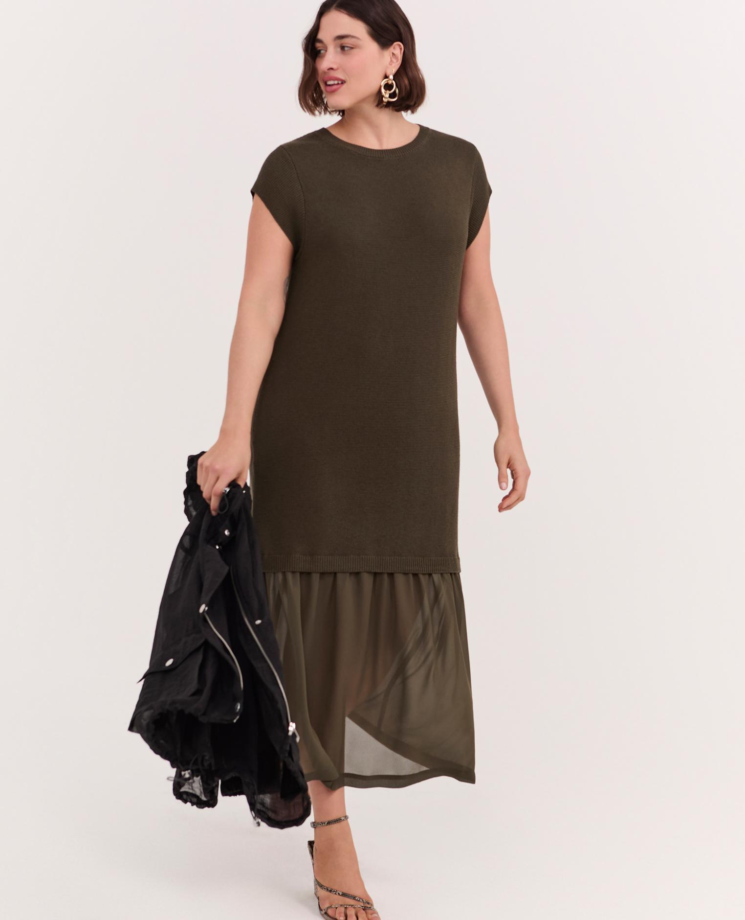 Vestido largo de punto con volante escote redondo y mangas cortas - Fiorella Rubino - Verde Verde-1