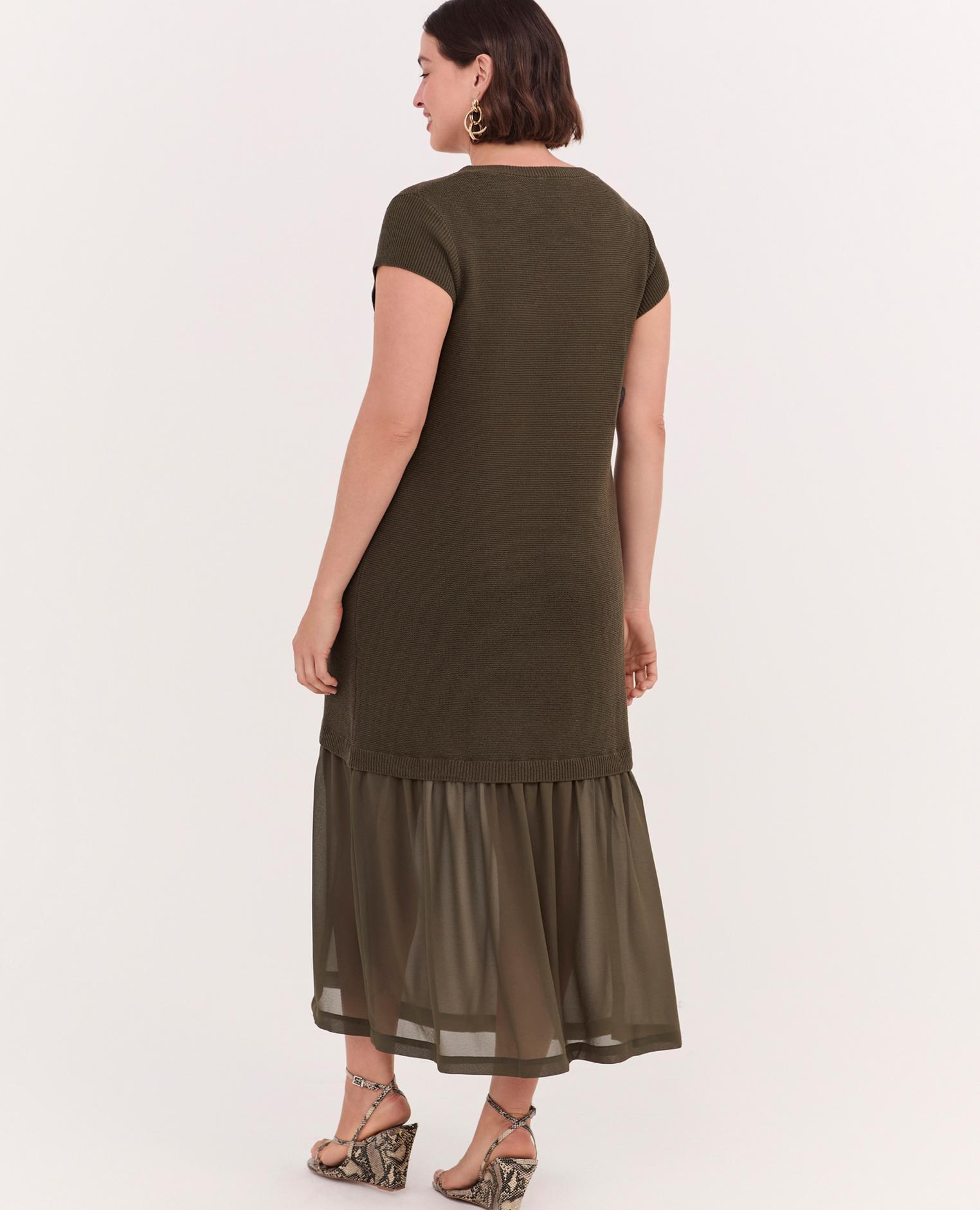 Vestido largo de punto con volante escote redondo y mangas cortas - Fiorella Rubino - Verde Verde-2