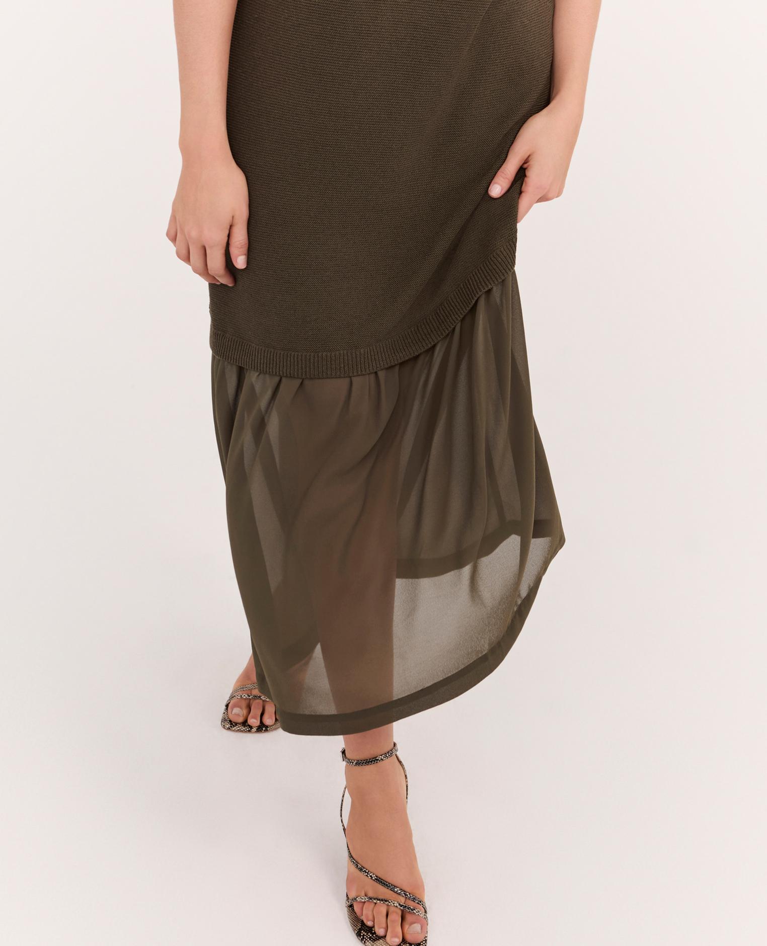 Vestido largo de punto con volante escote redondo y mangas cortas - Fiorella Rubino - Verde Verde-3