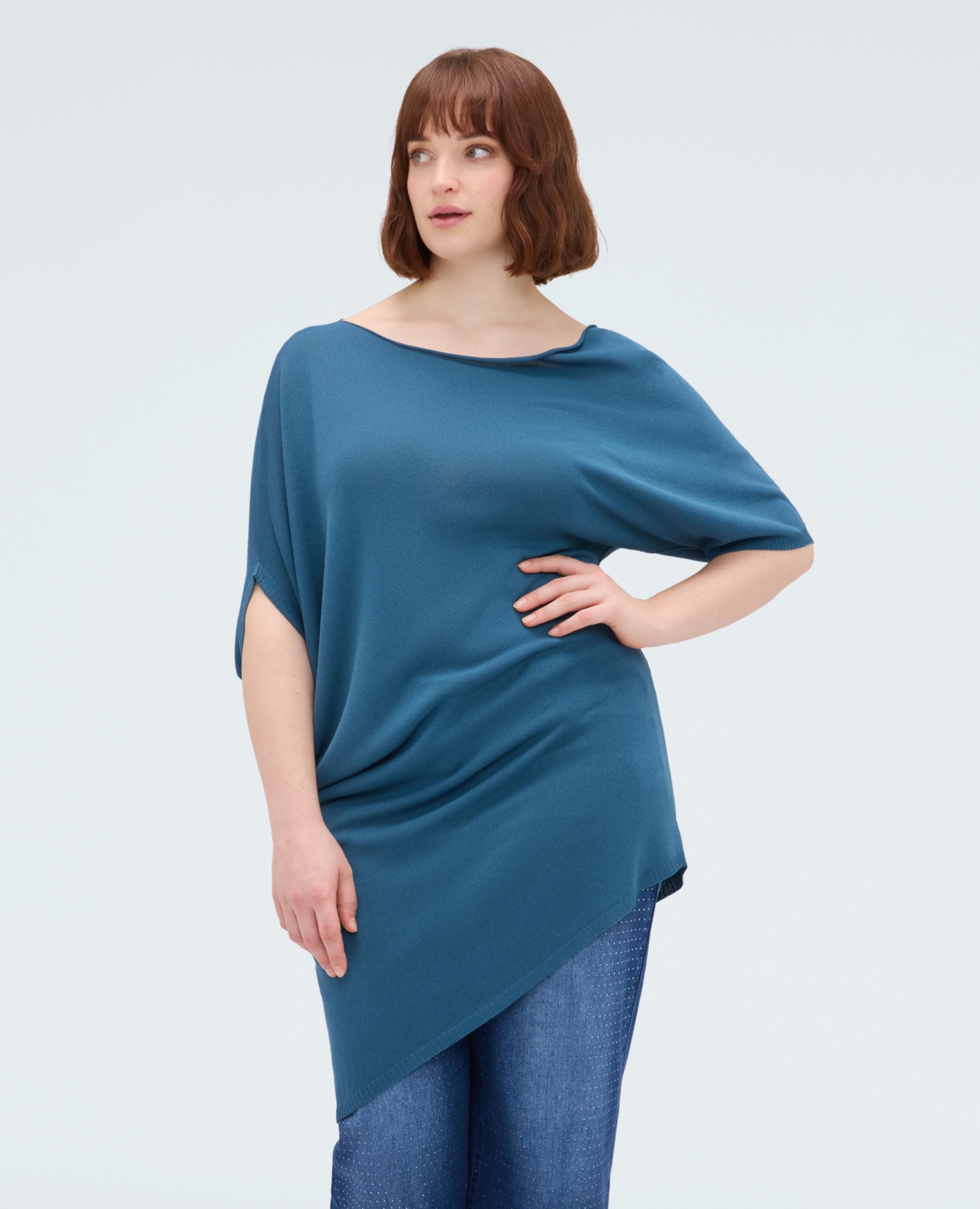 Jersey de mujer asimétrico en mezcla de viscosa mangas cortas bordes de corte vivo - Fiorella Rubino - Turquesa Turquesa-1