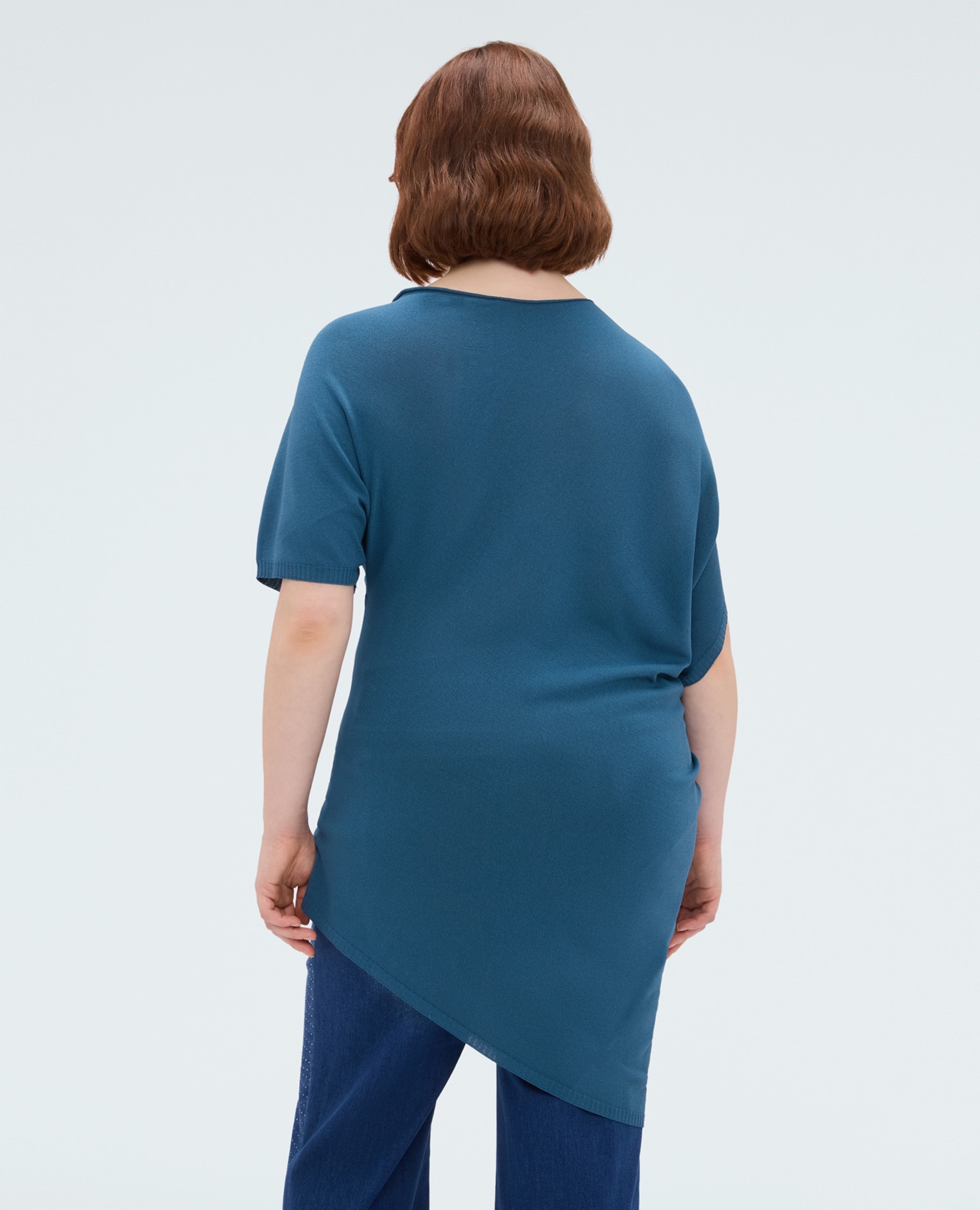 Jersey de mujer asimétrico en mezcla de viscosa mangas cortas bordes de corte vivo - Fiorella Rubino - Turquesa Turquesa-2
