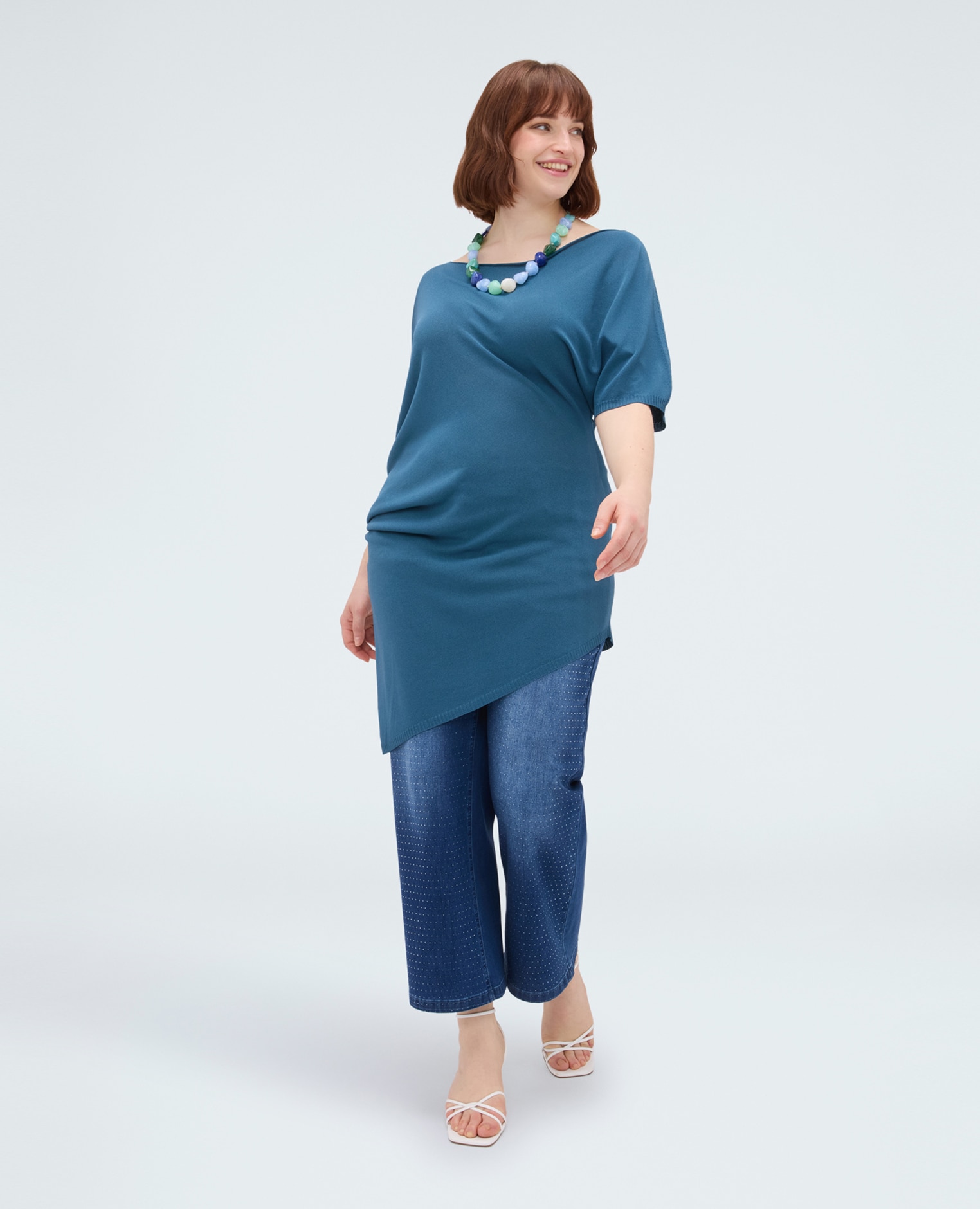 Jersey de mujer asimétrico en mezcla de viscosa mangas cortas bordes de corte vivo - Fiorella Rubino - Turquesa Turquesa-3