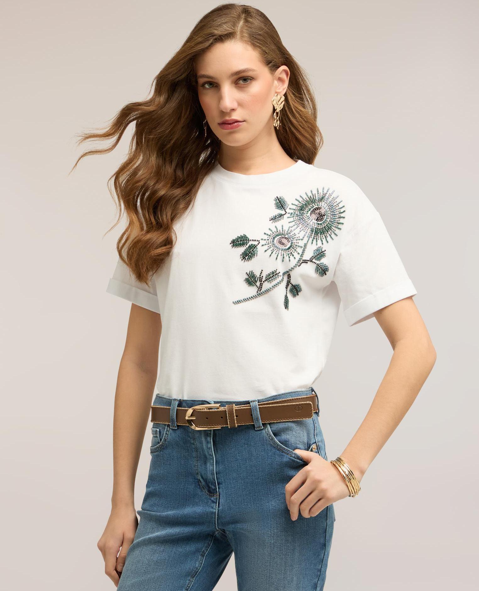 Camiseta de mujer de jersey con aplicaciones florales ajuste boxy con escote redondo - Motivi - Blanco Blanco-4
