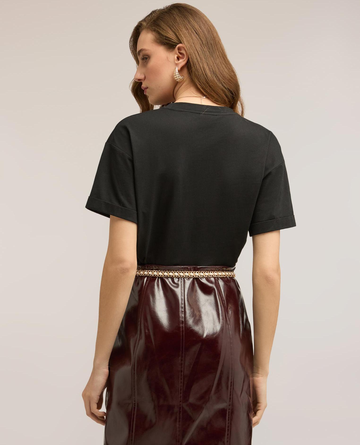 Camiseta de mujer de jersey con aplicaciones florales ajuste boxy con escote redondo - Motivi - Negro Negro-2