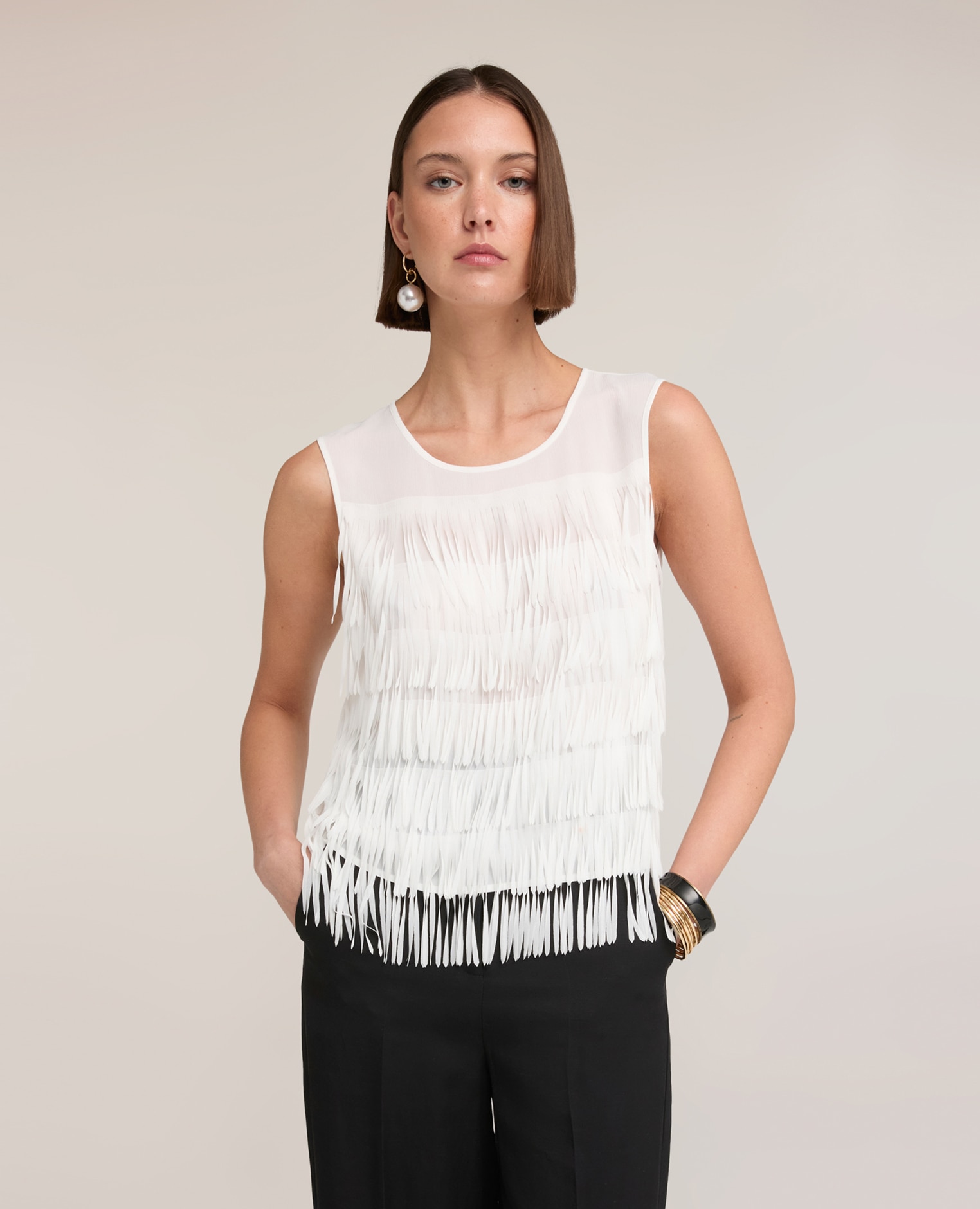 Top de mujer de georgette con flecos escote redondo - Motivi - Blanco Blanco-1