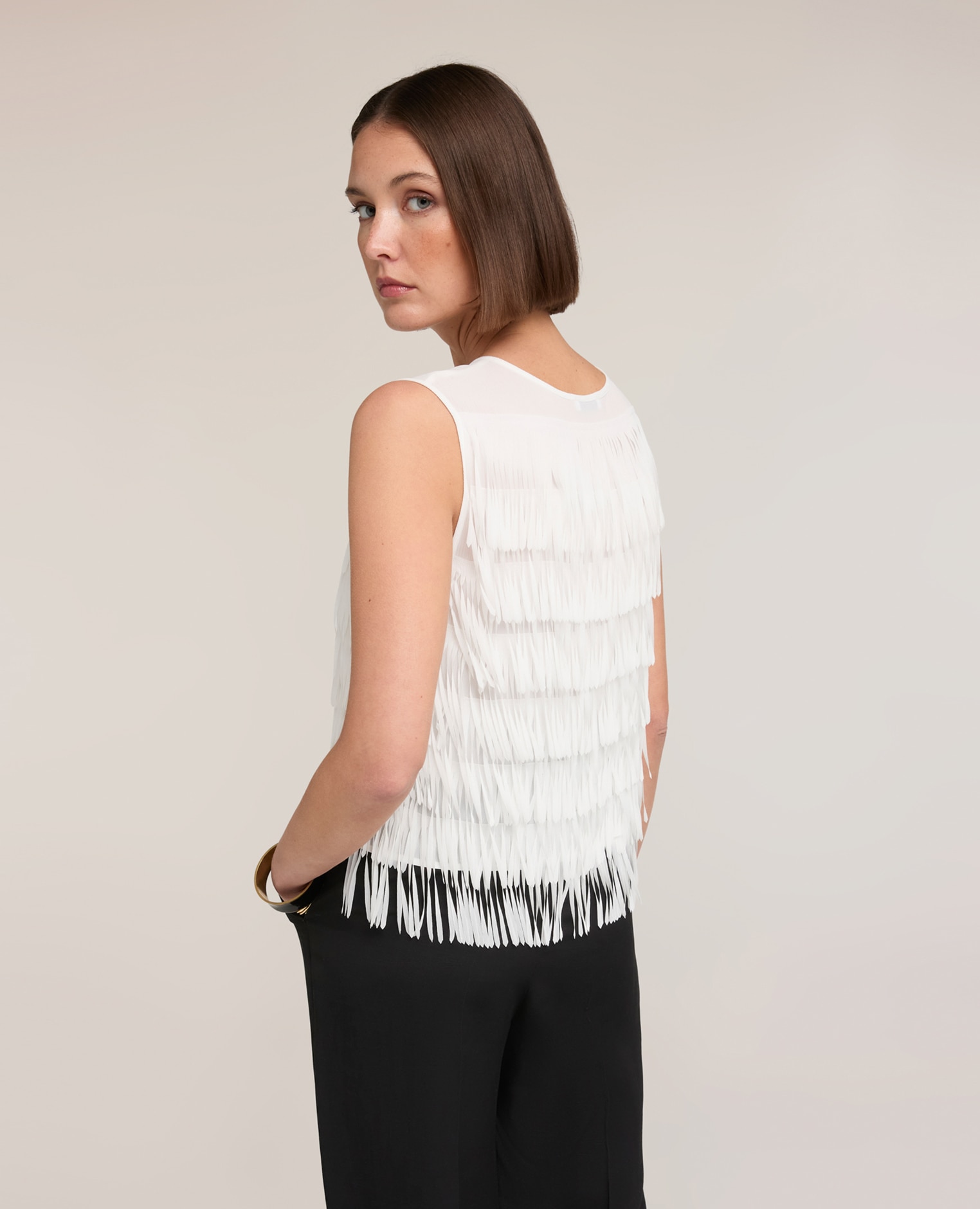 Top de mujer de georgette con flecos escote redondo - Motivi - Blanco Blanco-2