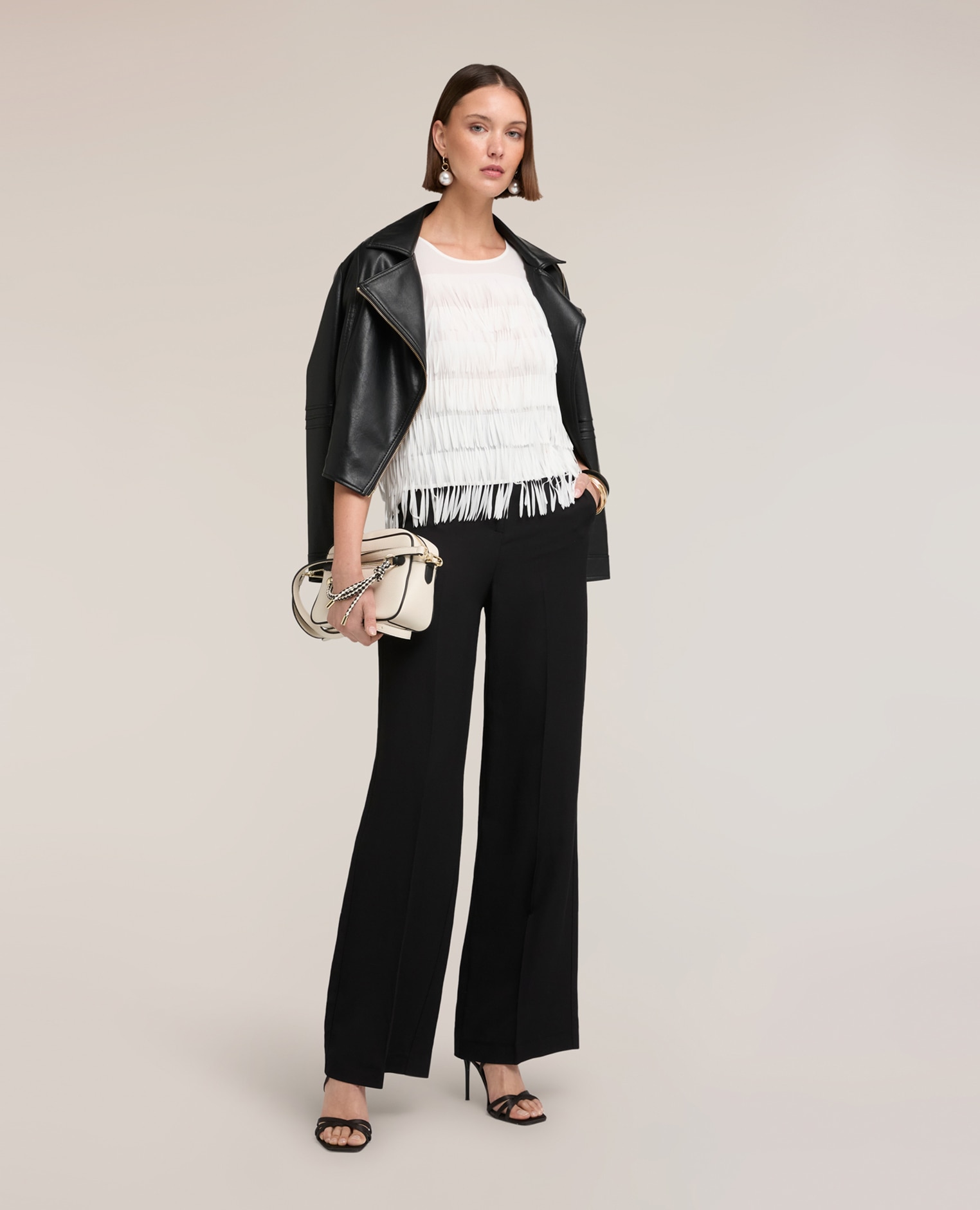 Top de mujer de georgette con flecos escote redondo - Motivi - Blanco Blanco-3