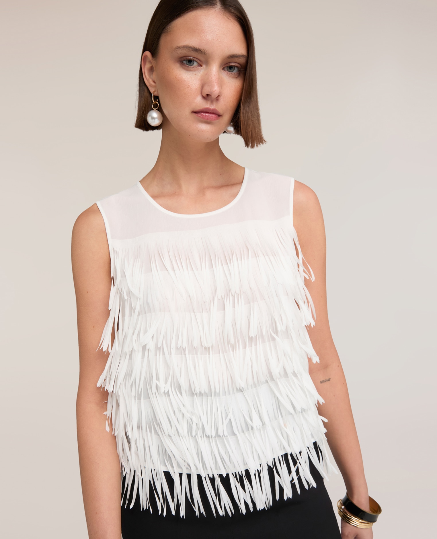 Top de mujer de georgette con flecos escote redondo - Motivi - Blanco Blanco-4
