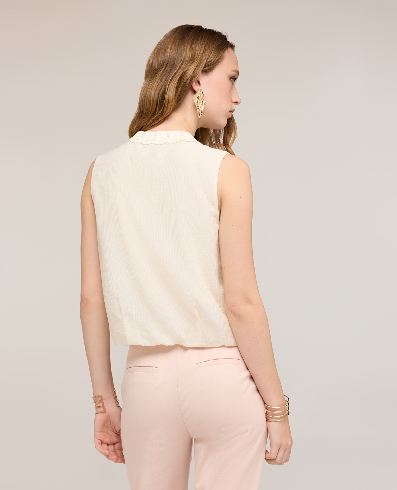 Top de mujer mezcla lyocell con bordes de punto ajuste holgado con cierre frontal de botones - Motivi - Blanco Blanco-2