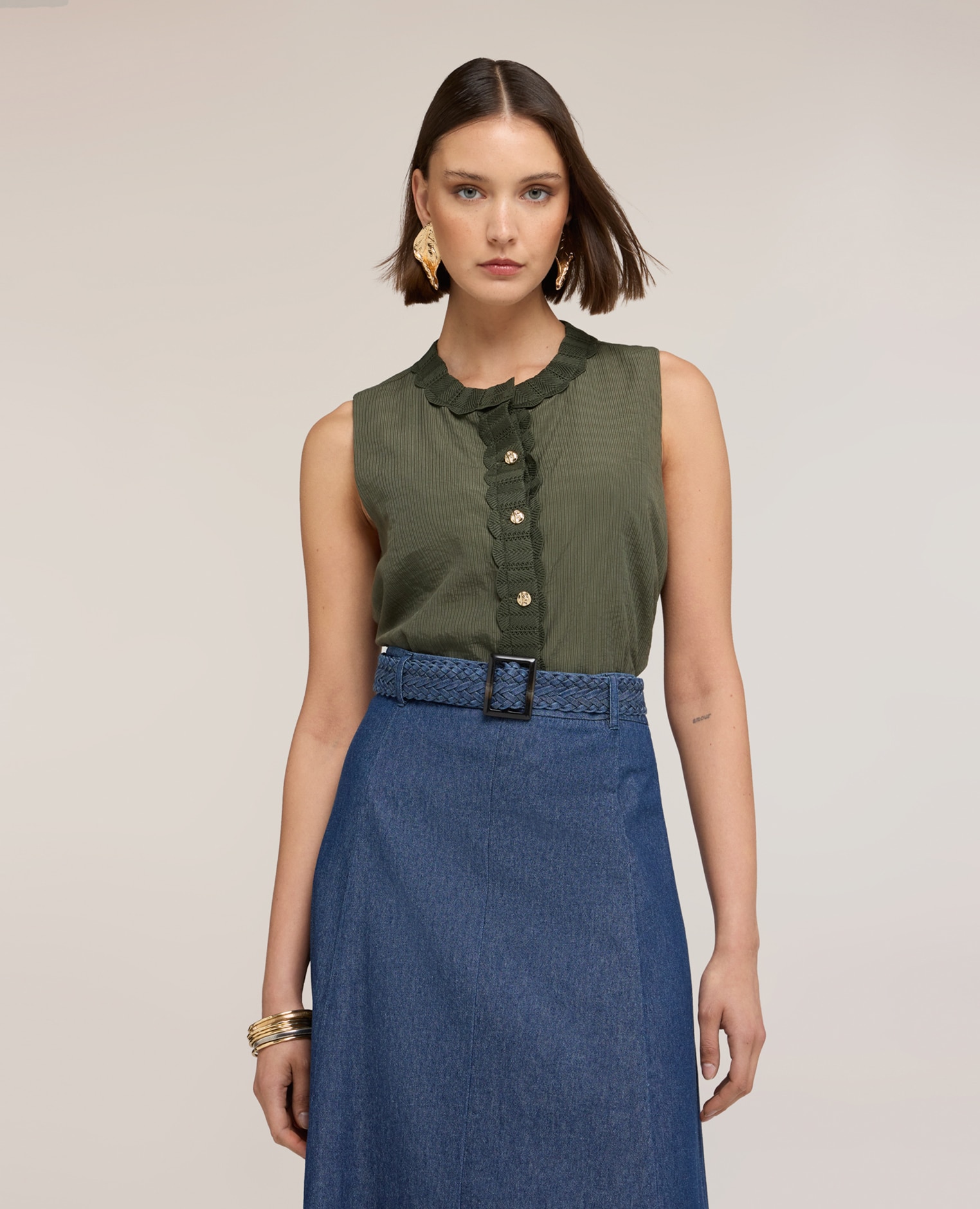 Top de mujer mezcla lyocell con bordes de punto ajuste holgado con cierre frontal de botones - Motivi - Verde militar Verde militar-1
