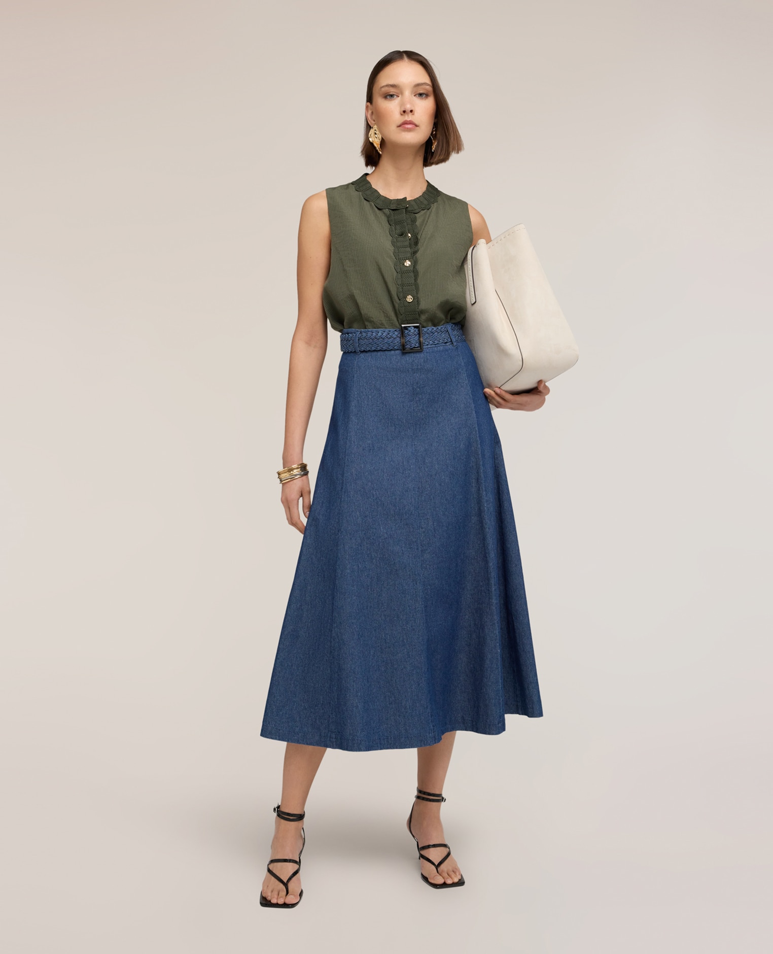 Top de mujer mezcla lyocell con bordes de punto ajuste holgado con cierre frontal de botones - Motivi - Verde militar Verde militar-3