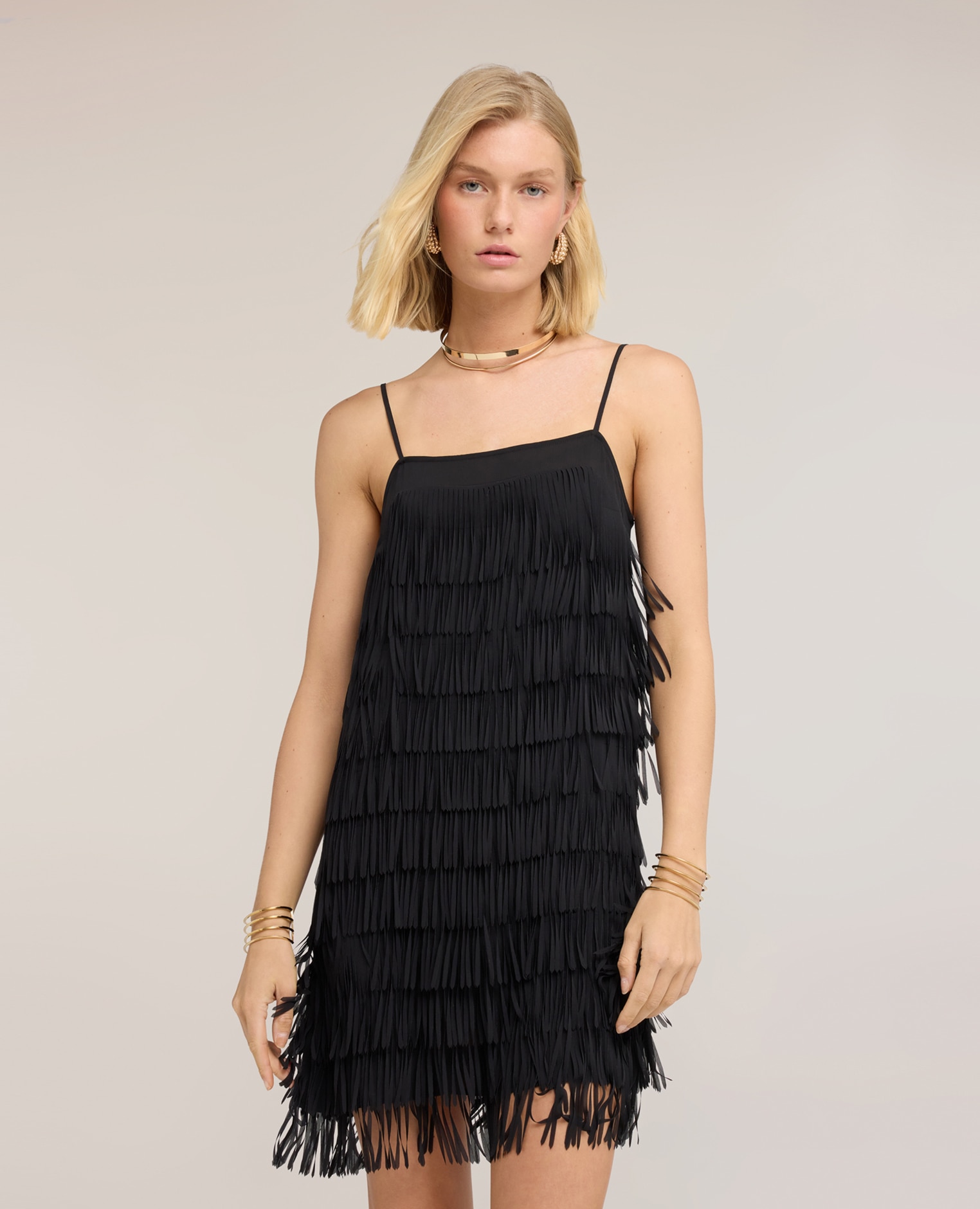 Vestido corto en georgette con flecos tirantes finos ajustables escote cuadrado - Motivi - Negro Negro-3
