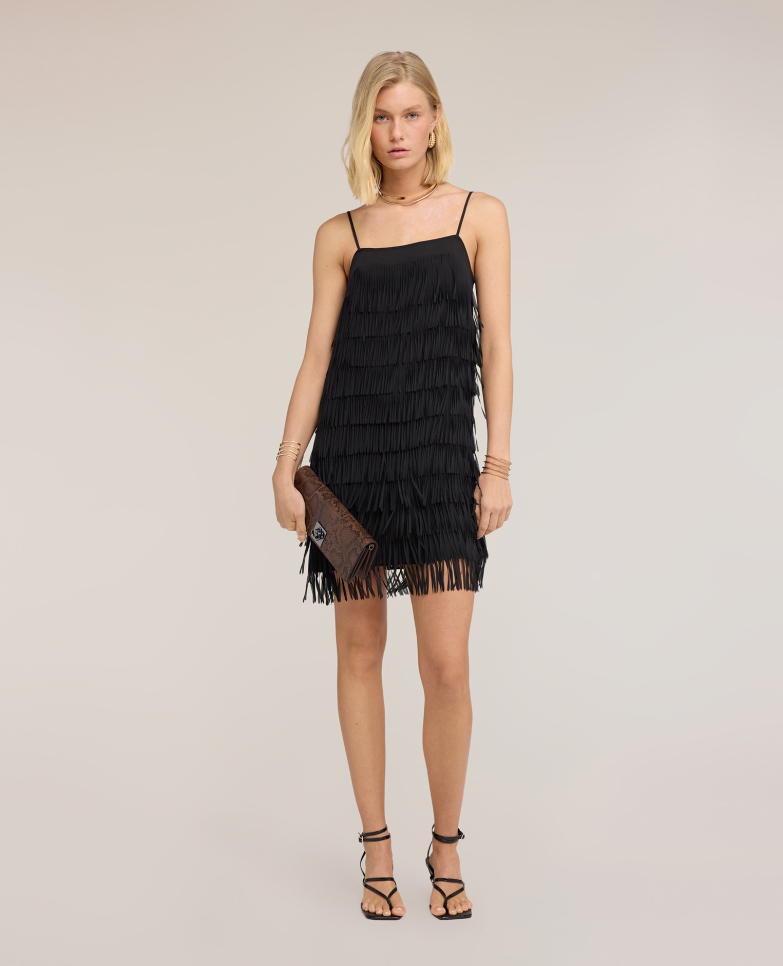 Motivi - Vestido corto en georgette con flecos tirantes finos ajustables escote cuadrado.