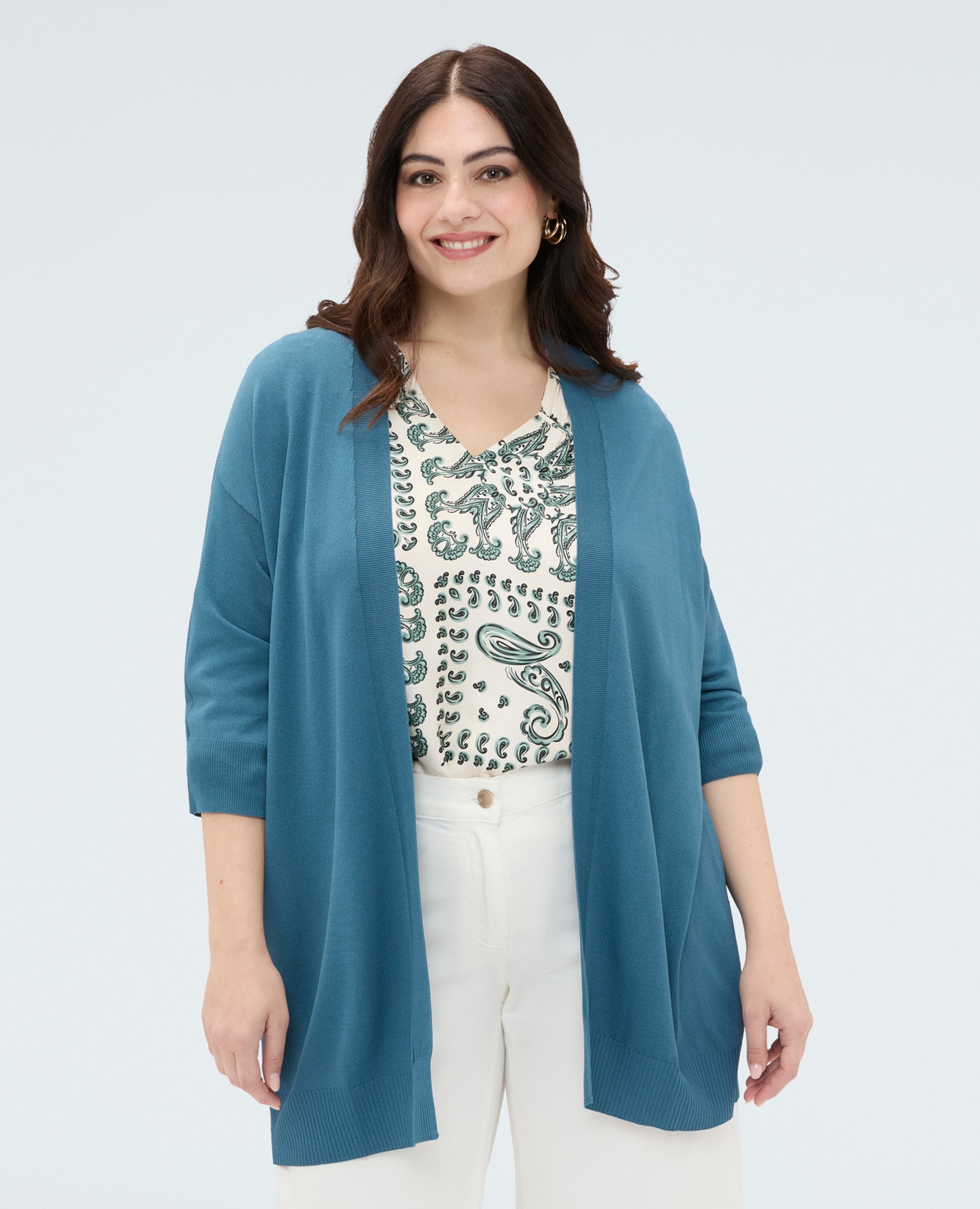 Chaqueta de mujer de punto larga en punto fino mezcla de viscosa ajuste oversize para el máximo confort mangas kimono de tres cuartos - Fiorella Rubino - Turquesa Turquesa-1