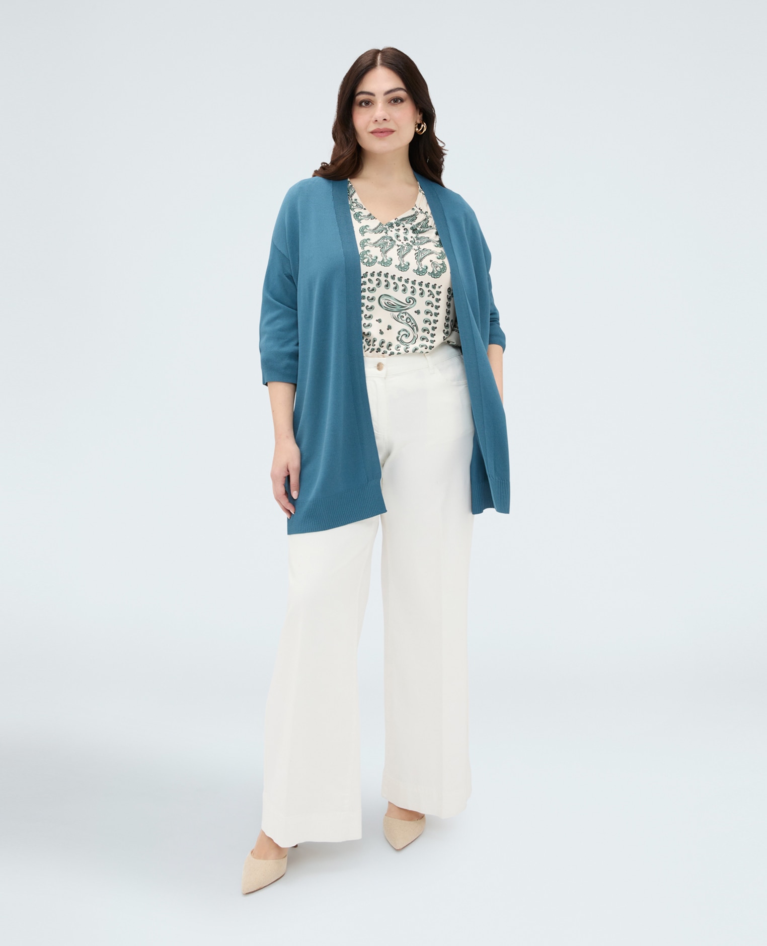 Chaqueta de mujer de punto larga en punto fino mezcla de viscosa ajuste oversize para el máximo confort mangas kimono de tres cuartos - Fiorella Rubino - Turquesa Turquesa-3