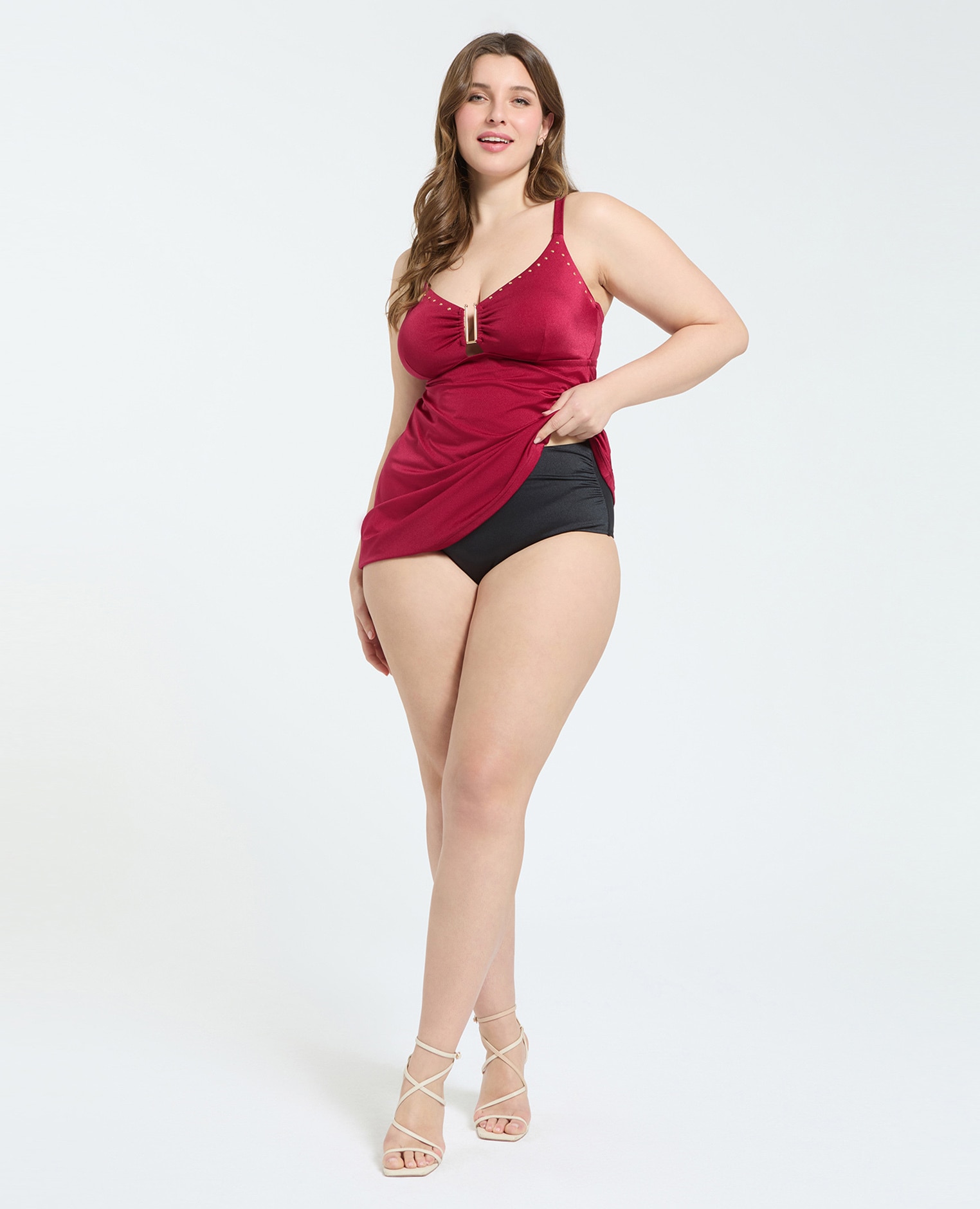 Top de mujer tankini con motivo dorado y cut out tirantes ajustables multiposición para cruzar en la espalda - Fiorella Rubino - Rojo Rojo-3