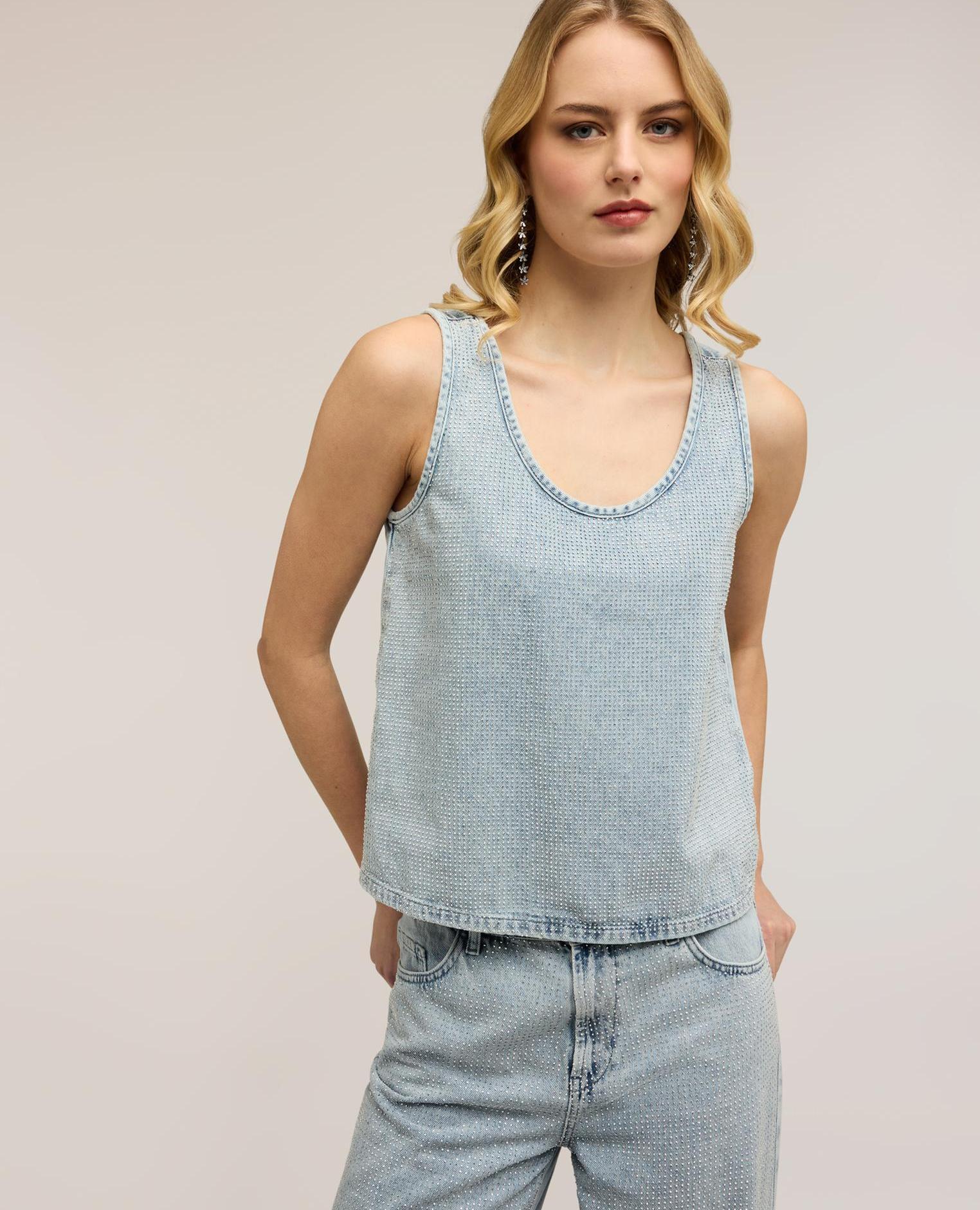 Top de mujer de denim con cristales ajuste regular con escote amplio - Motivi - Azul claro Azul claro-1