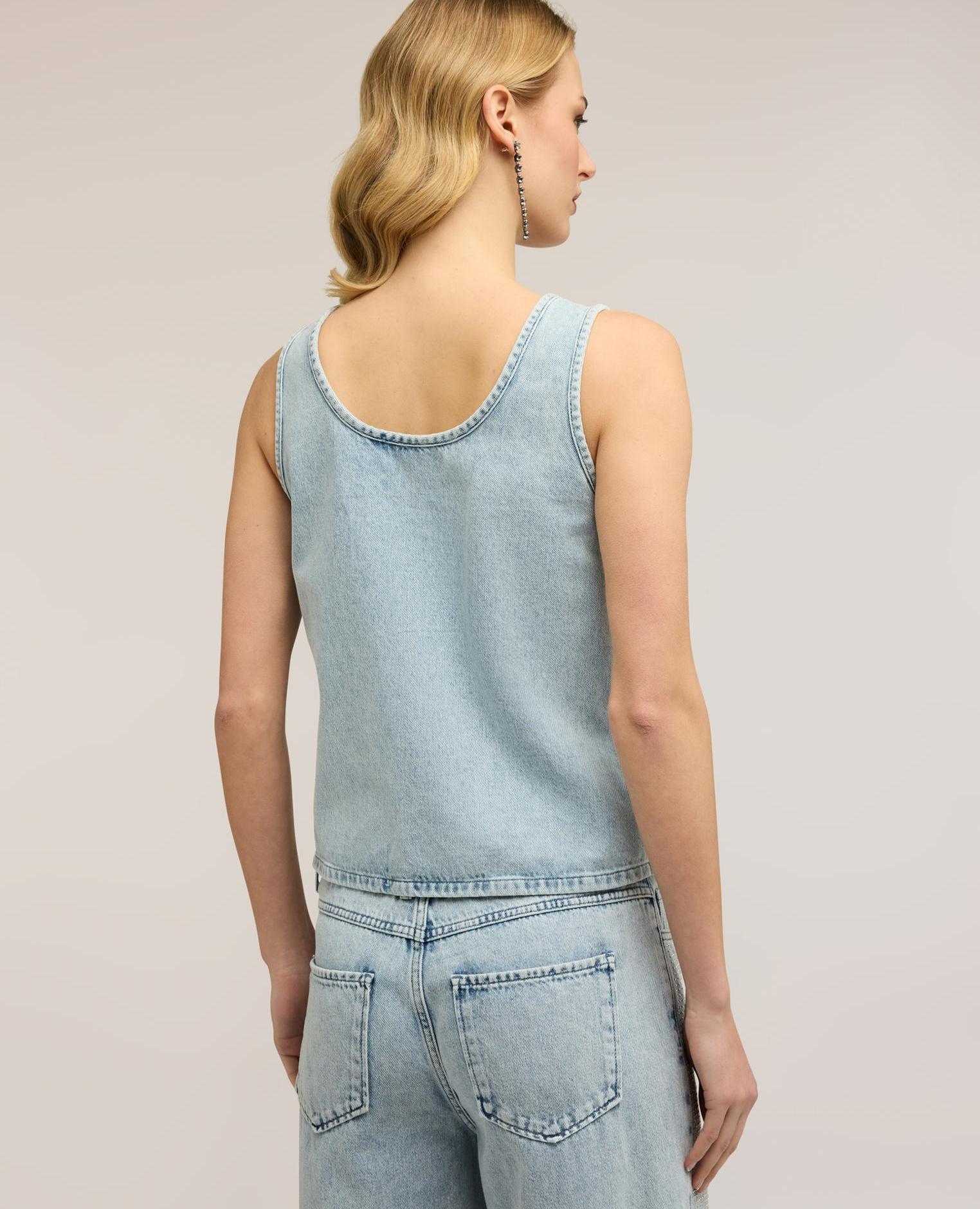 Top de mujer de denim con cristales ajuste regular con escote amplio - Motivi - Azul claro Azul claro-2