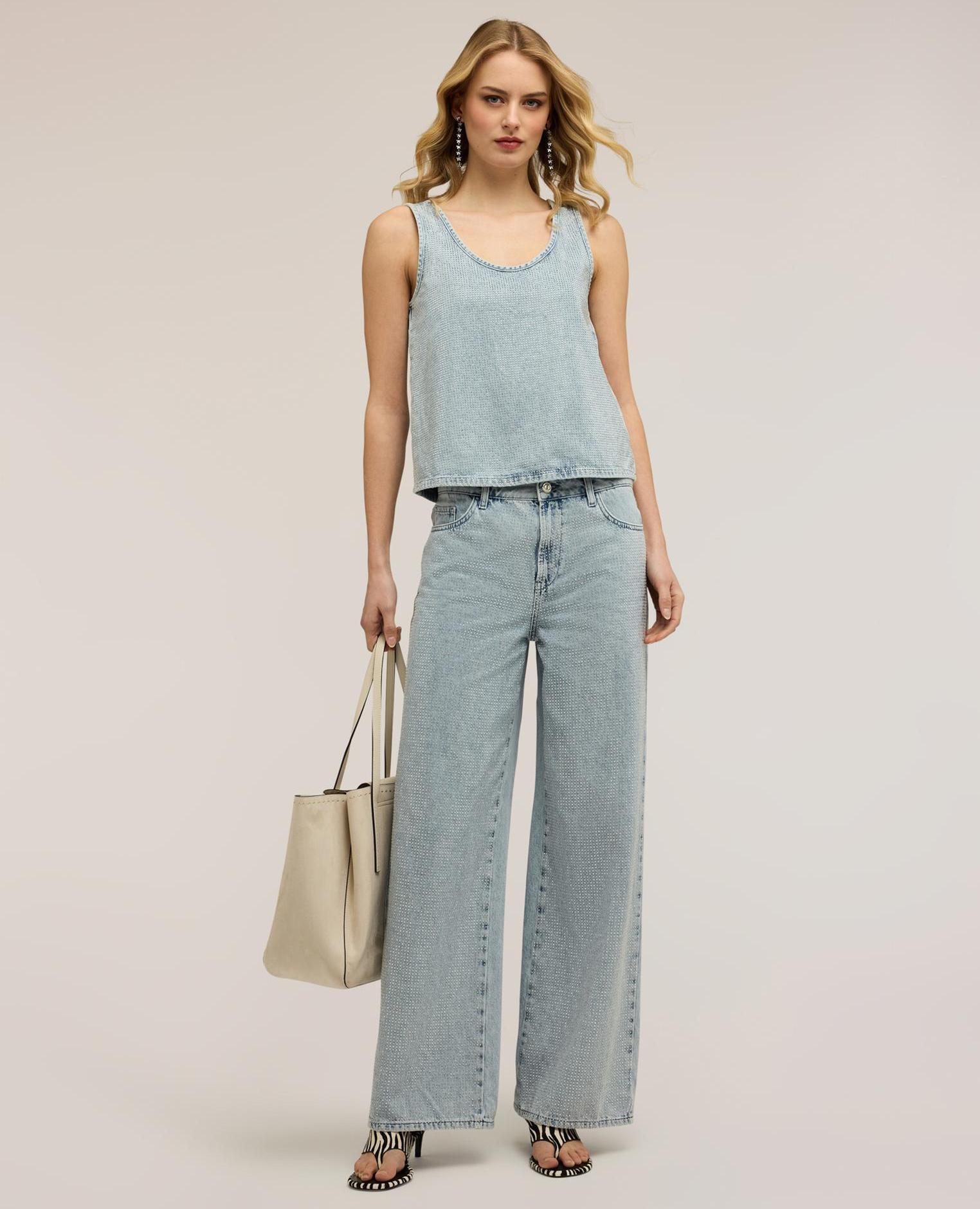 Top de mujer de denim con cristales ajuste regular con escote amplio - Motivi - Azul claro Azul claro-4