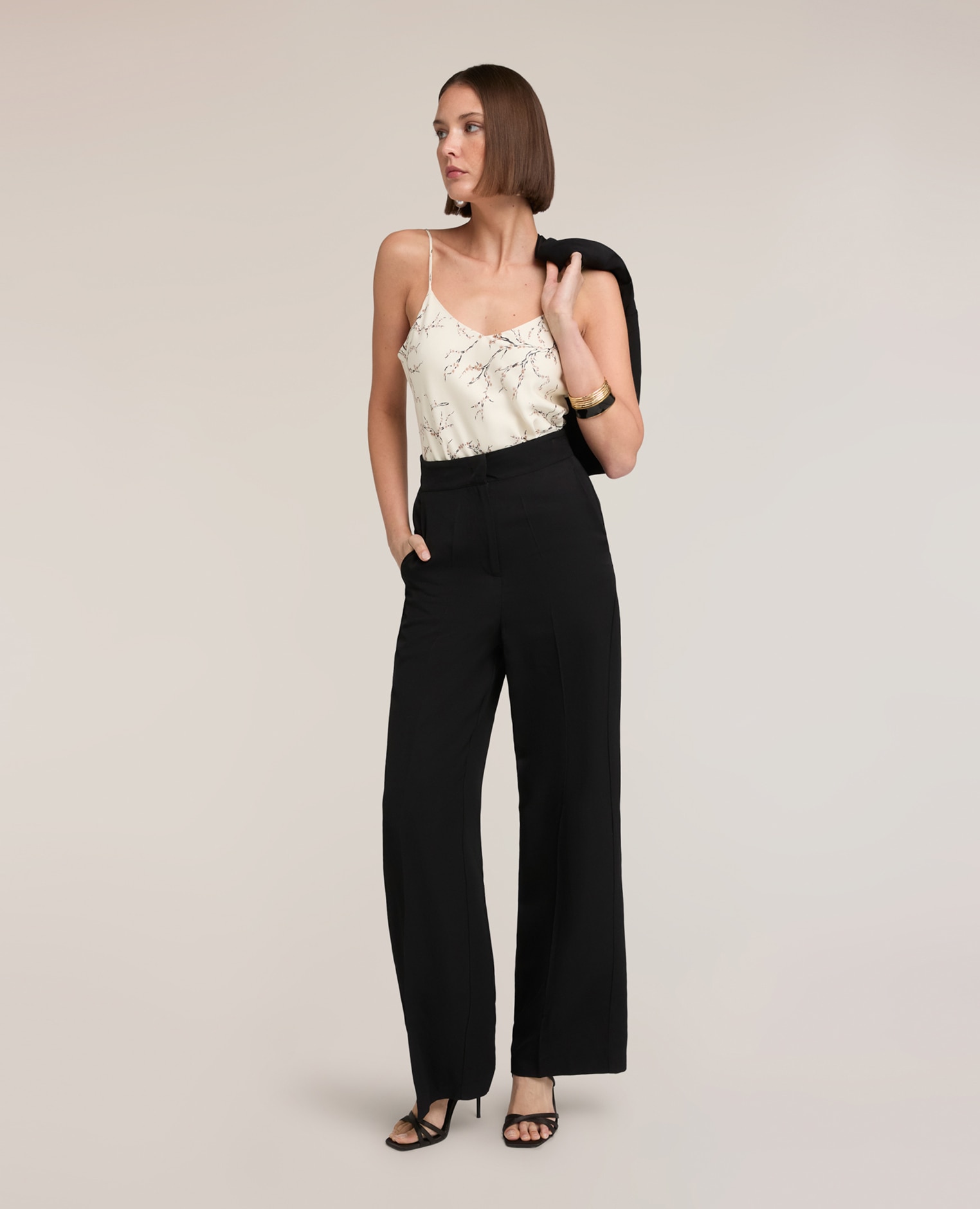 Motivi - Pantalones de mujer palazzo de mezcla de lino ajuste regular talle alto.