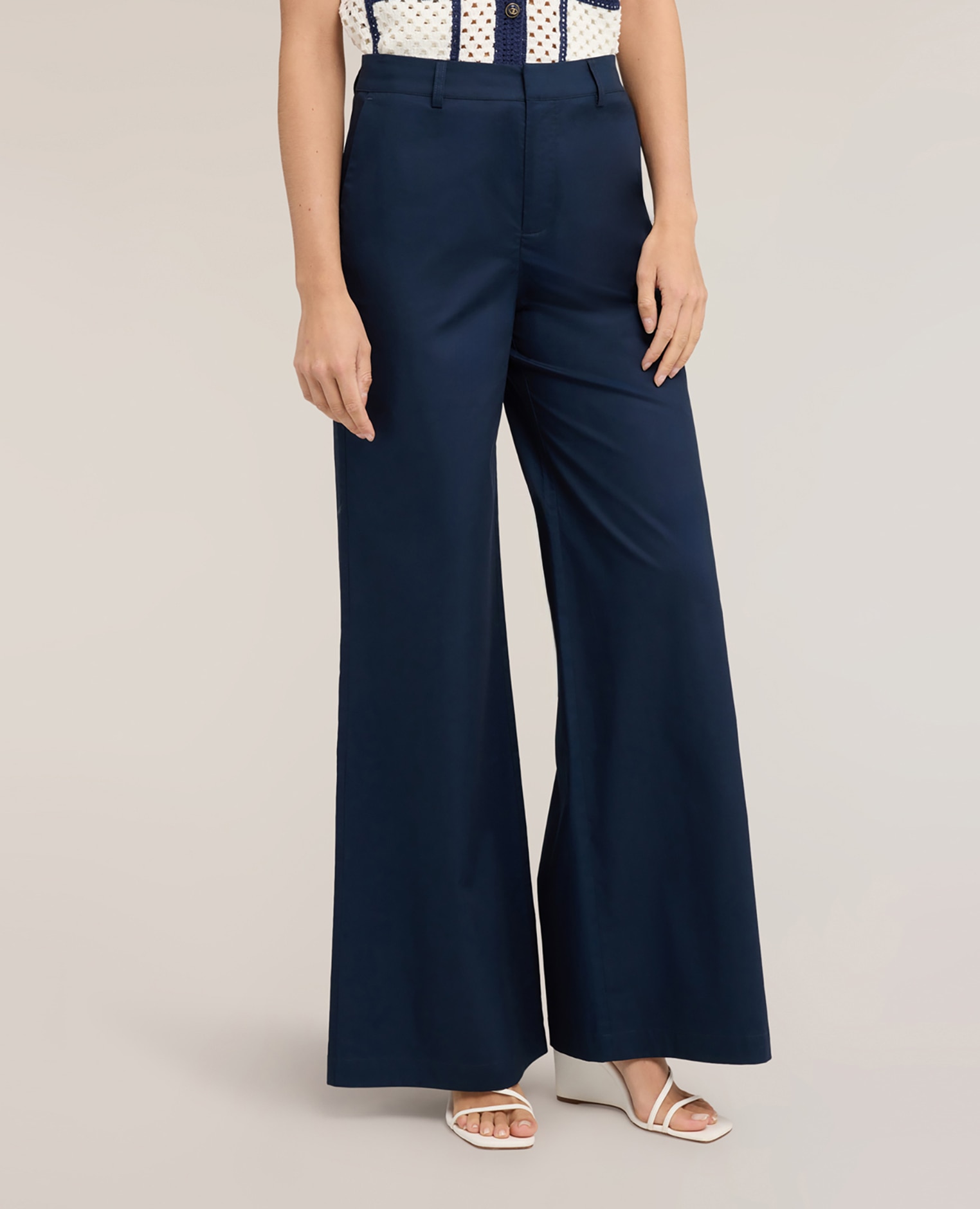 Pantalones de mujer palazzo de sarga de algodón ajuste ancho cierre frontal con corchete y cremallera - Motivi - Azul Azul-3