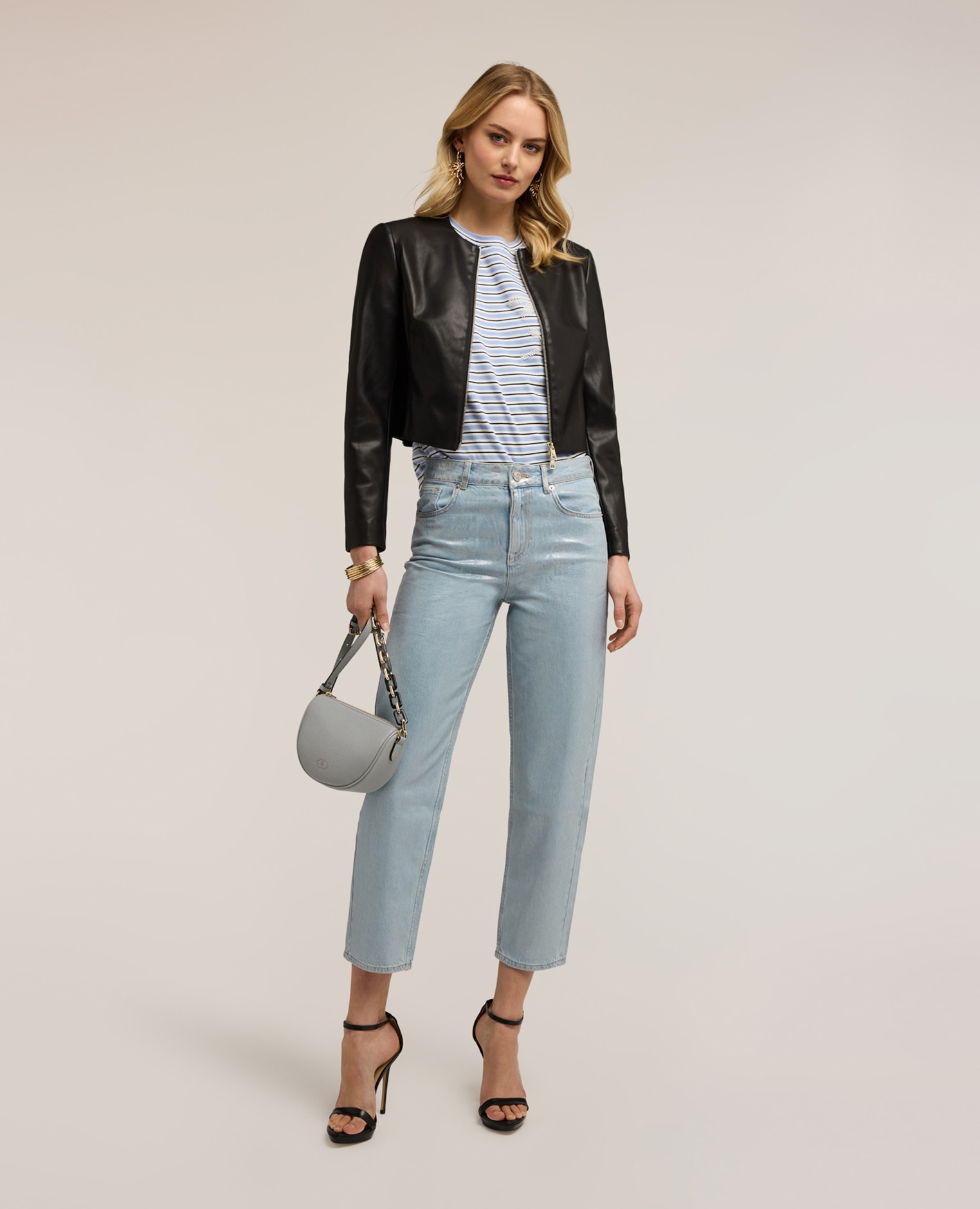 Jeans de mujer regular boyfit con laminado modelo cinco bolsillos - Motivi - Azul claro Azul claro-1