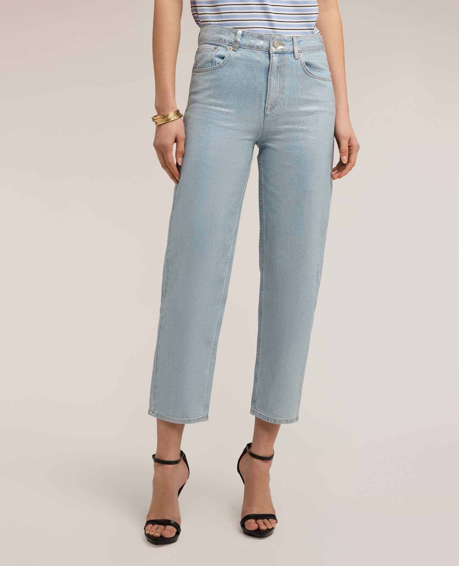Jeans de mujer regular boyfit con laminado modelo cinco bolsillos - Motivi - Azul claro Azul claro-3