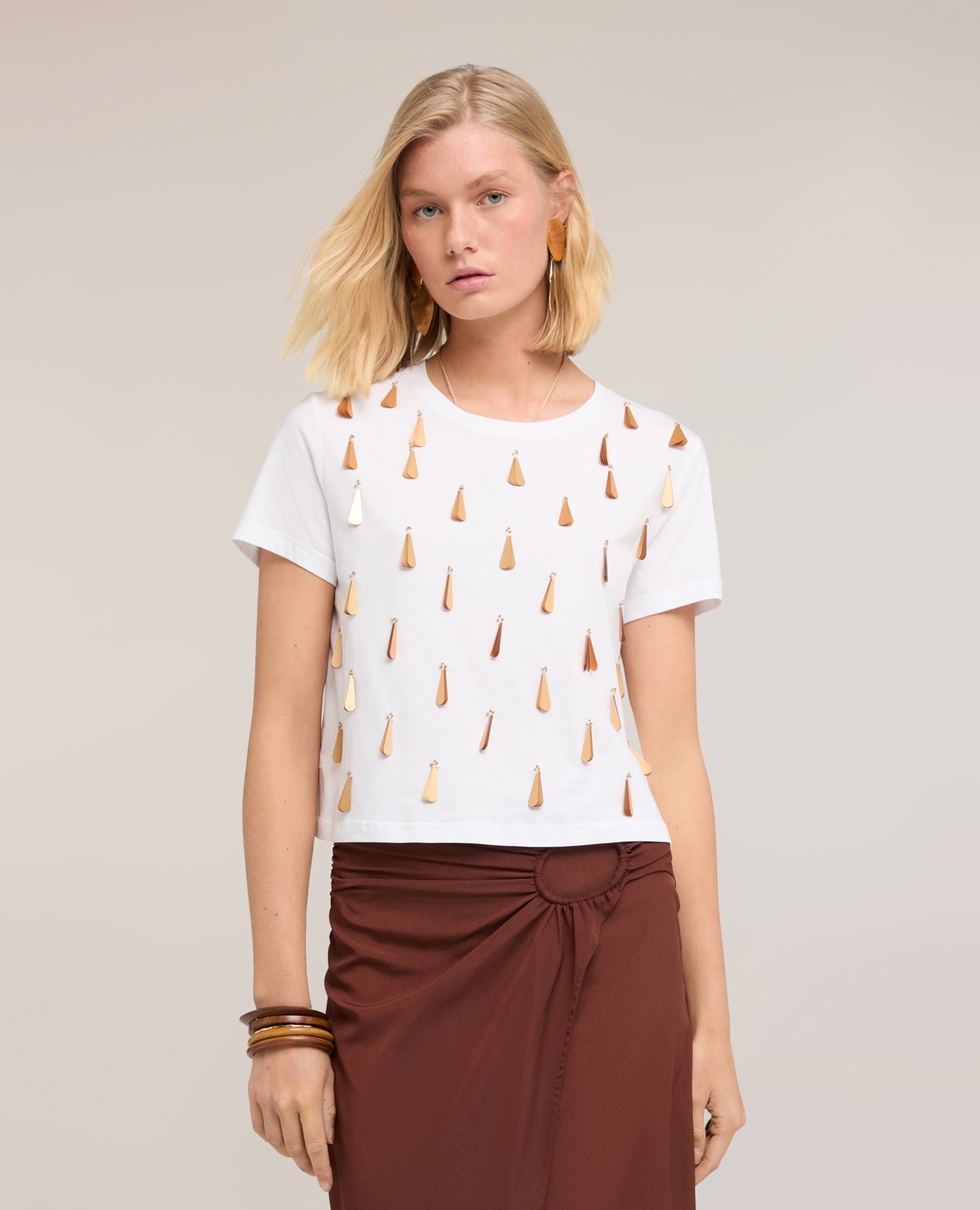 Camiseta de mujer con bordado de lentejuelas ajuste regular con escote redondo - Motivi - Blanco Blanco-1