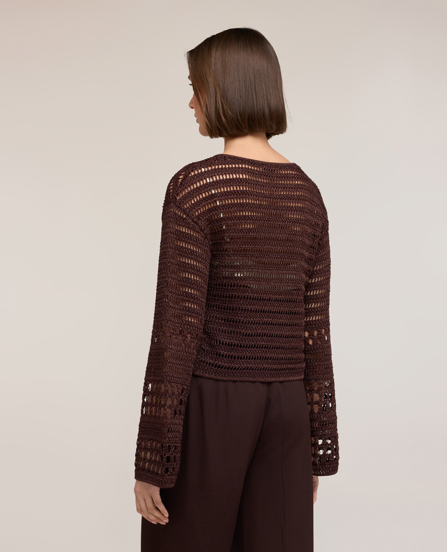 Chaqueta de mujer de punto calado con mezcla de lurex abertura frontal con botones abombados a la vista ajuste regular - Motivi - Marrón Marrón-2