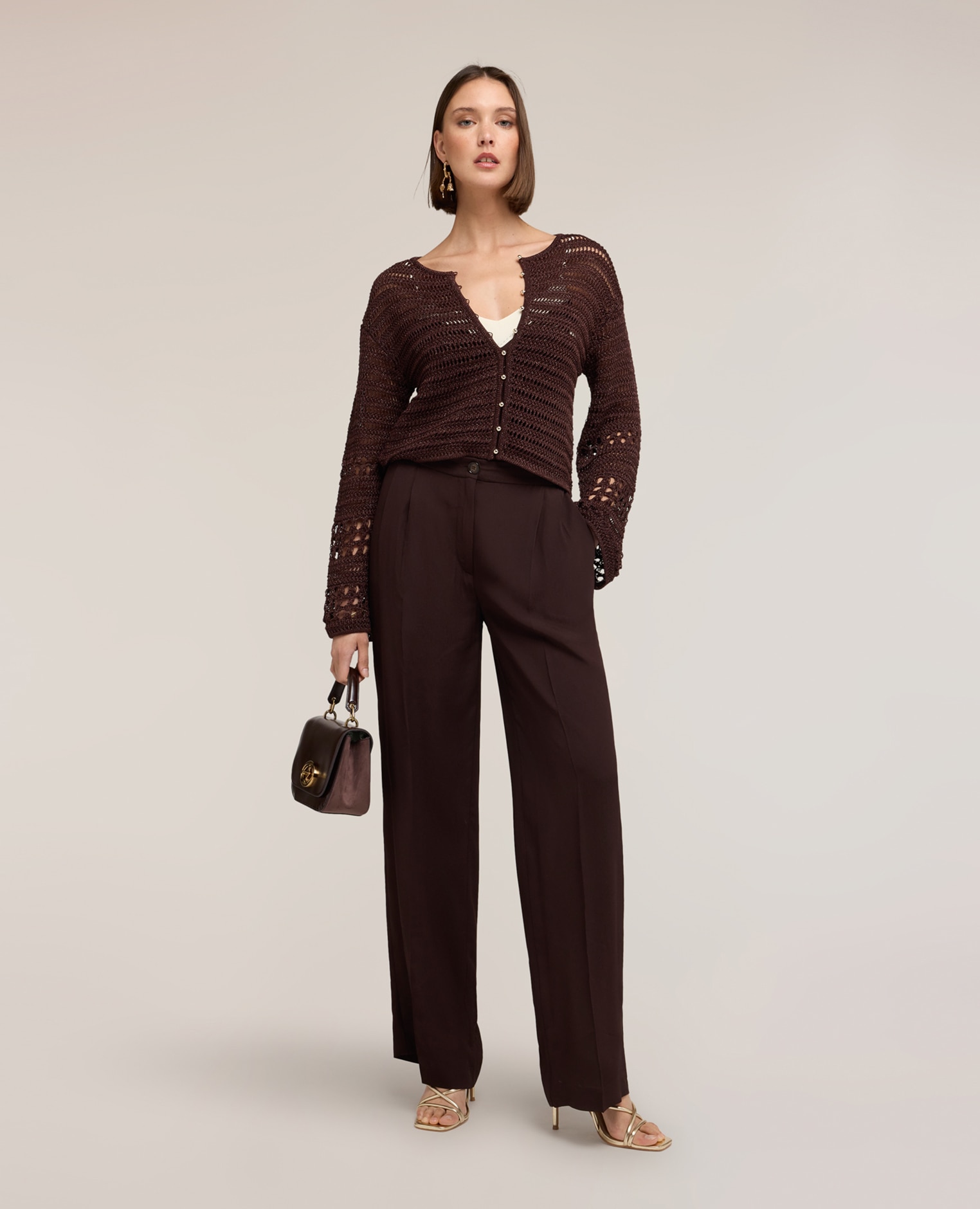 Chaqueta de mujer de punto calado con mezcla de lurex abertura frontal con botones abombados a la vista ajuste regular - Motivi - Marrón Marrón-3
